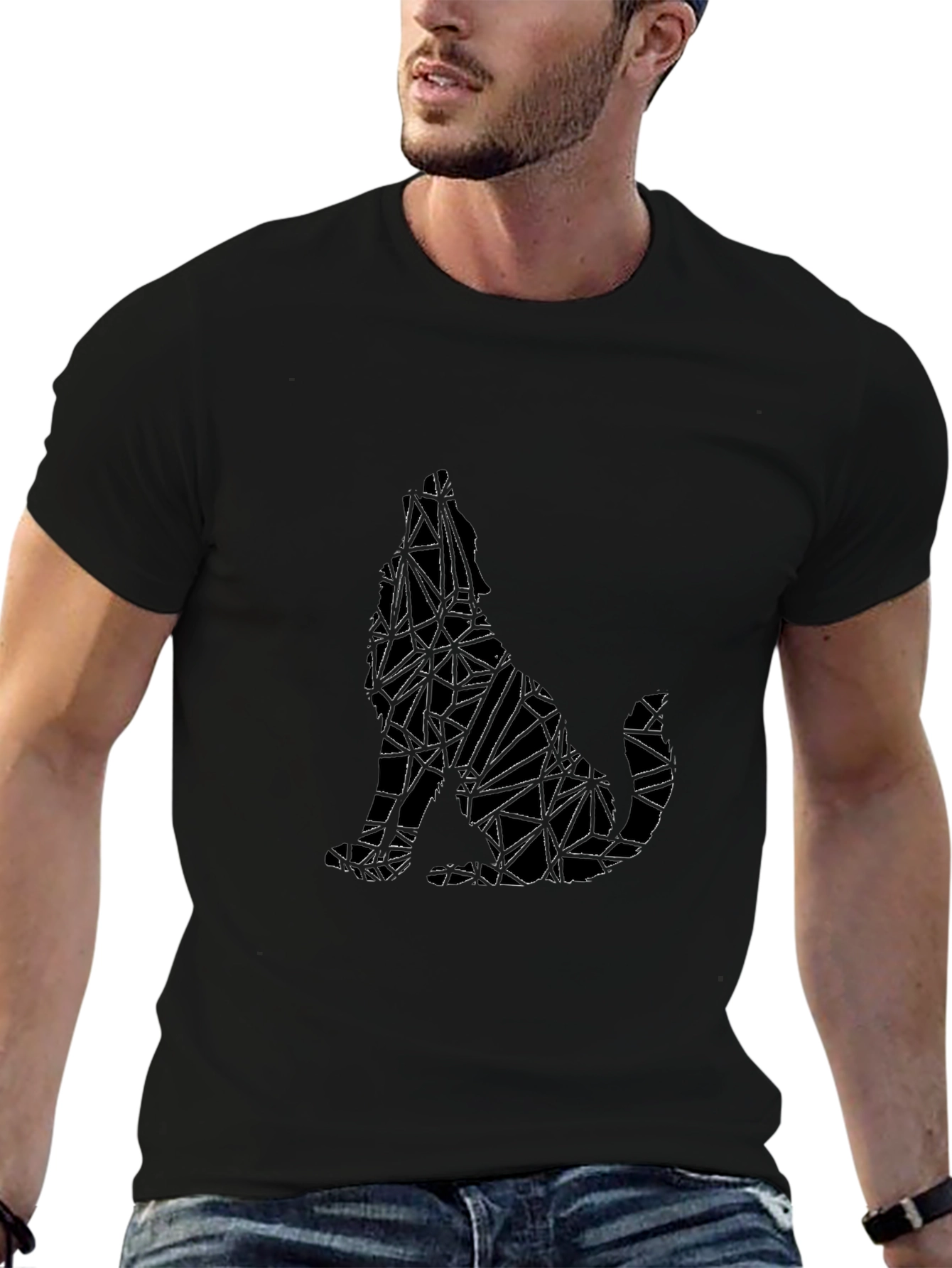 Geometric Wolf Graphic Print Black T-Shirt