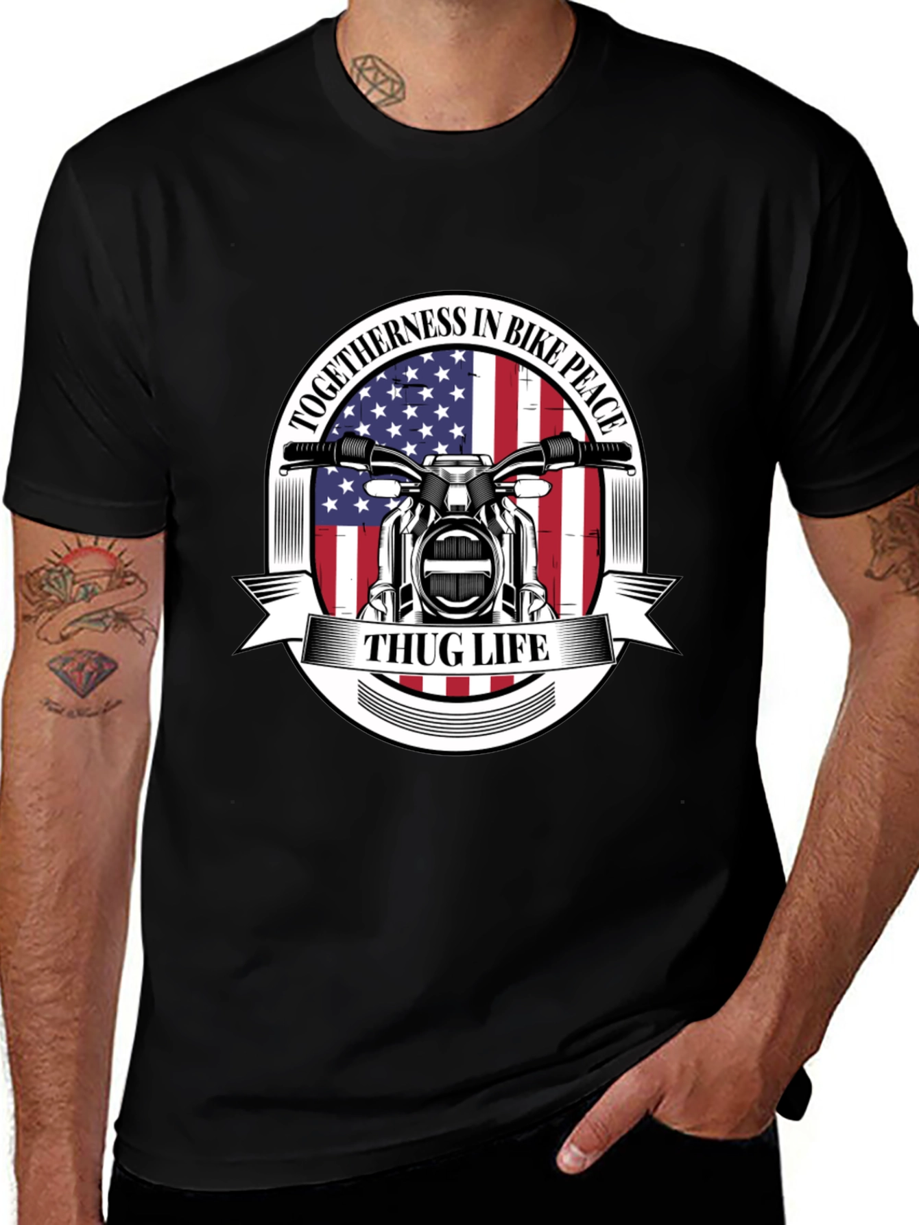 Thug Life Biker T-Shirt: American Flag Motorcycle Tee