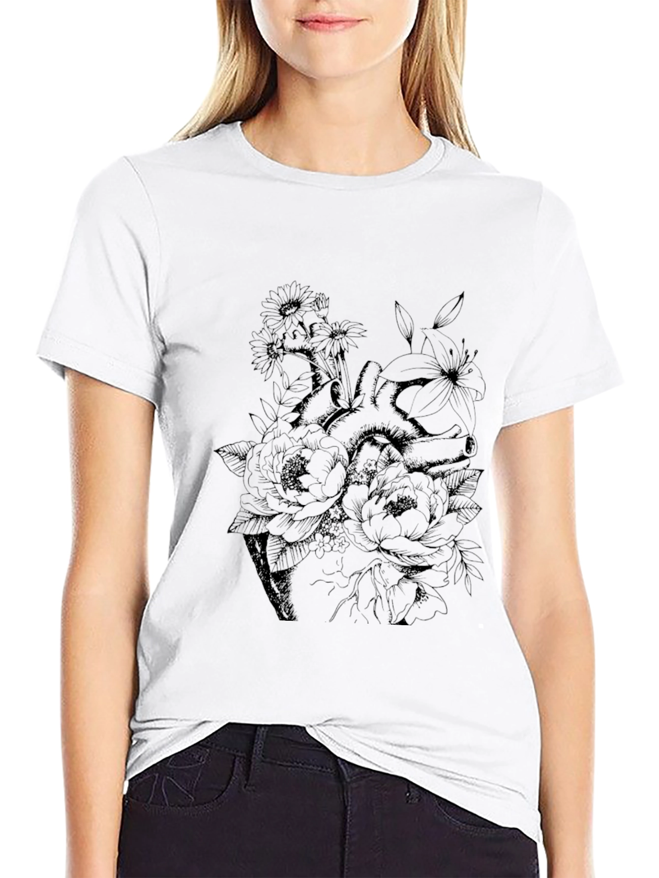 Floral Heart Graphic Tee - Black
