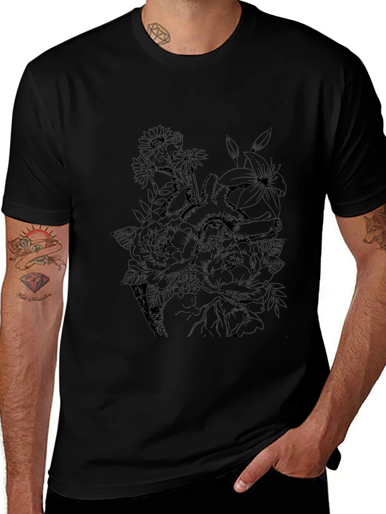 Floral Heart Graphic Tee - Black