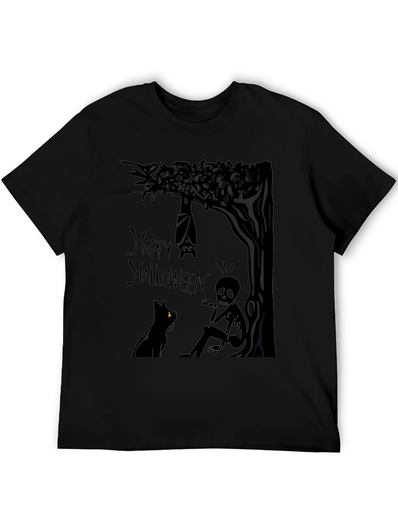 Happy Halloween T-Shirt - Bat Cat and Skeleton
