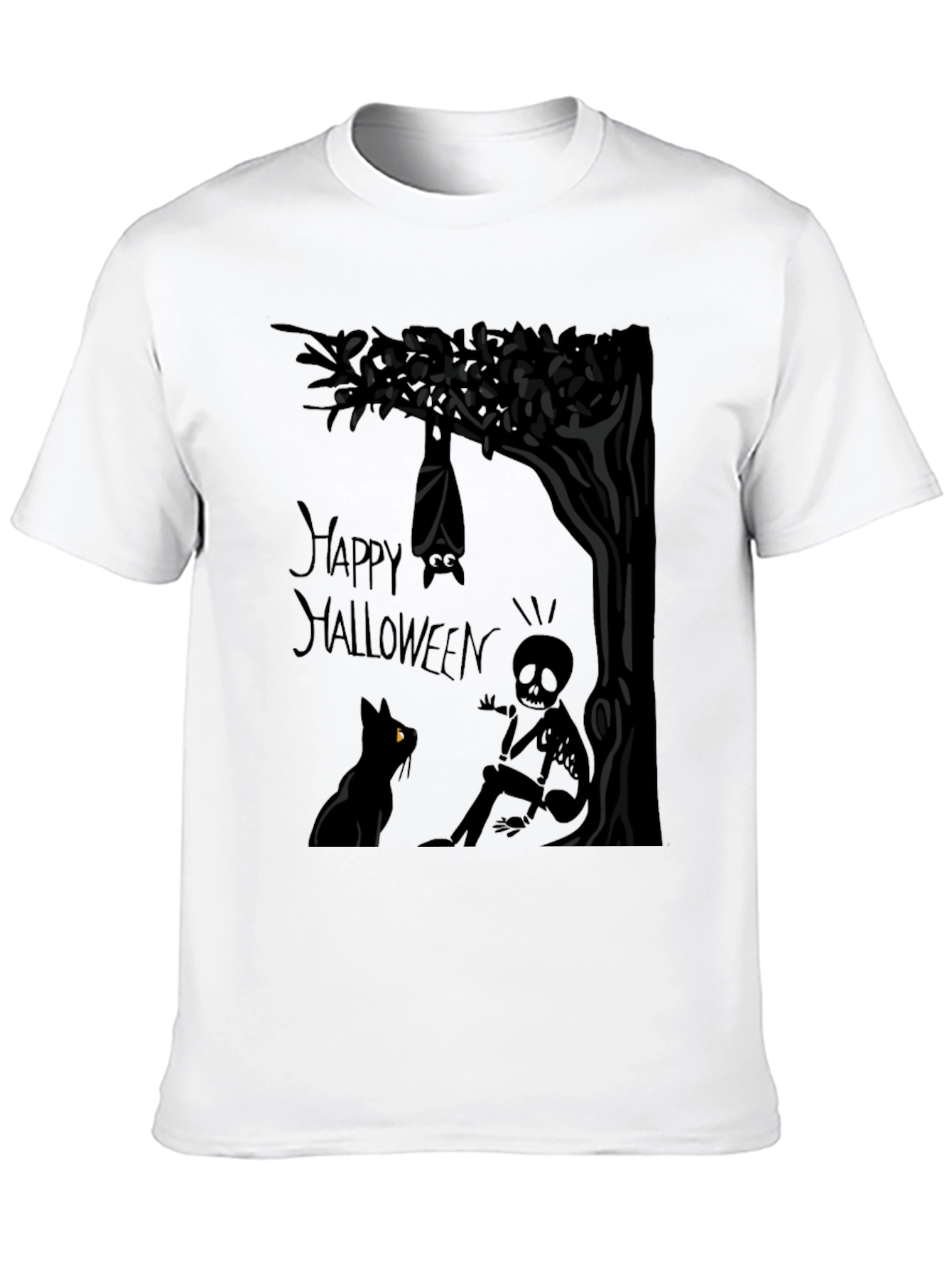 Happy Halloween T-Shirt - Bat Cat and Skeleton