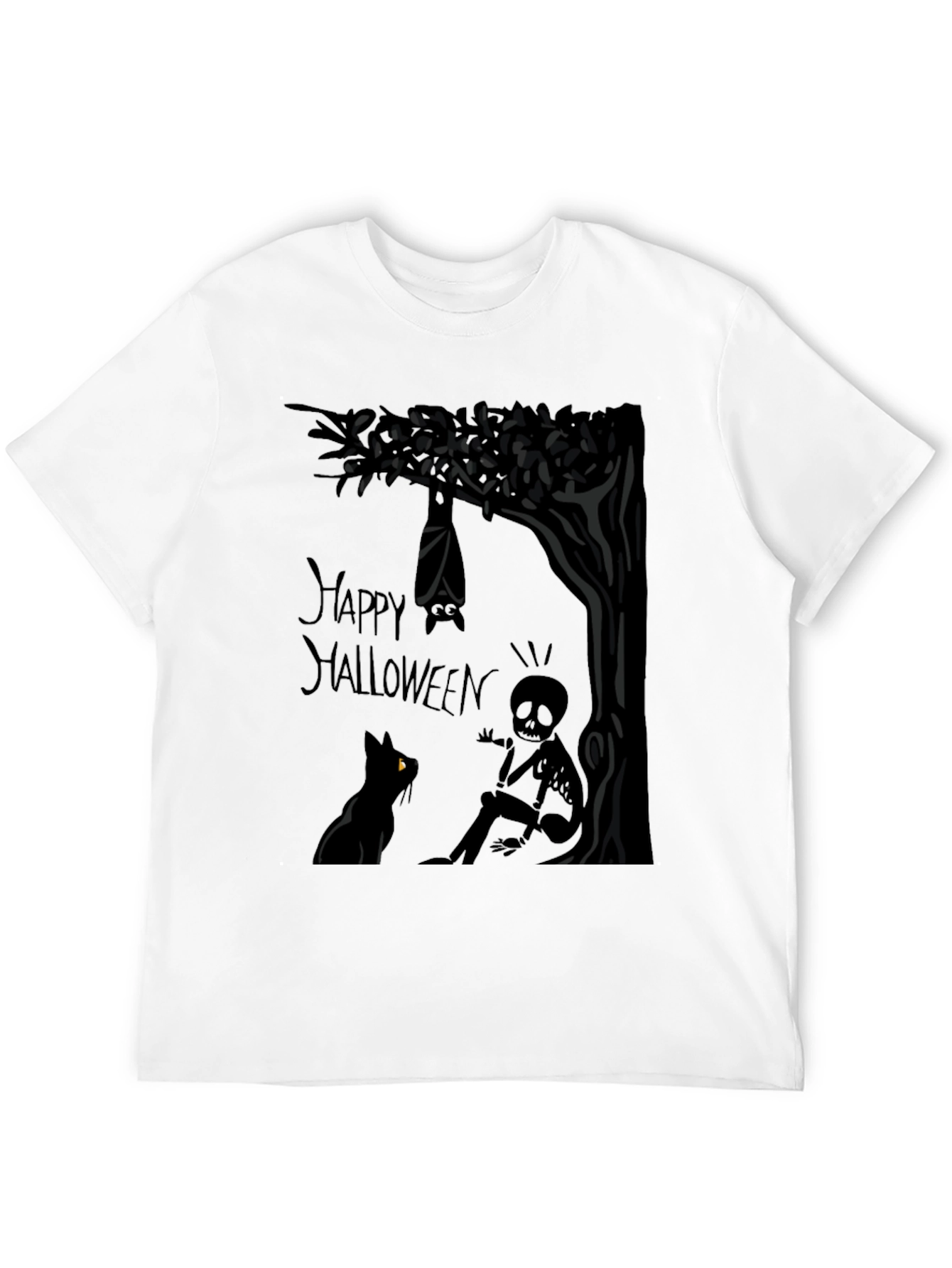 Happy Halloween T-Shirt - Bat Cat and Skeleton