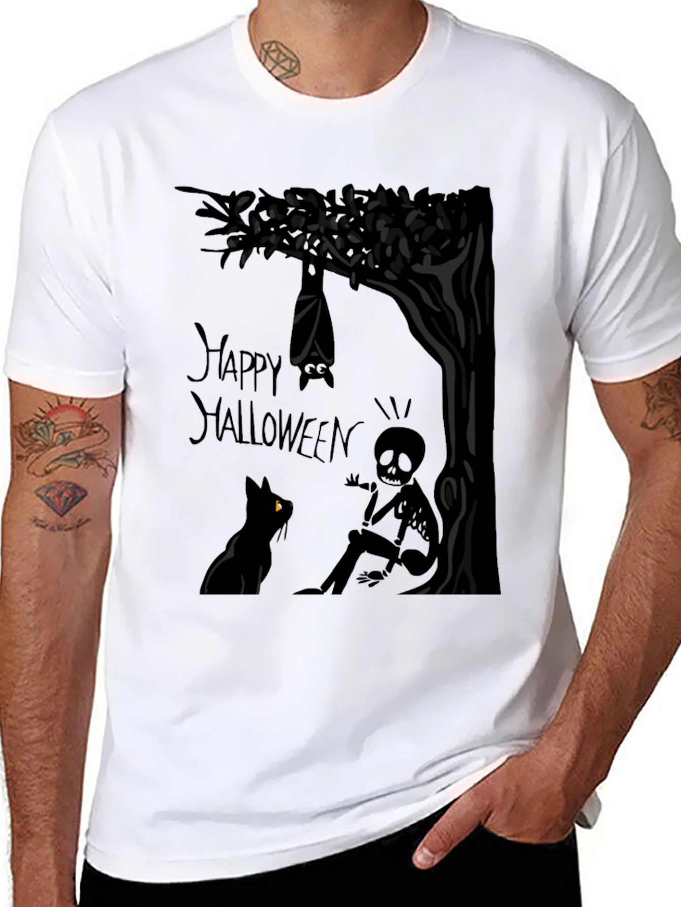 Happy Halloween T-Shirt - Bat Cat and Skeleton
