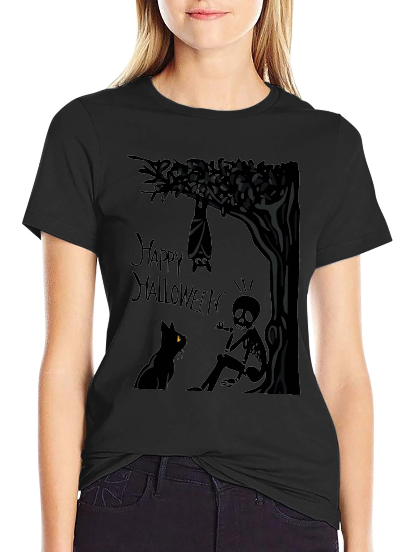 Happy Halloween T-Shirt - Bat Cat and Skeleton