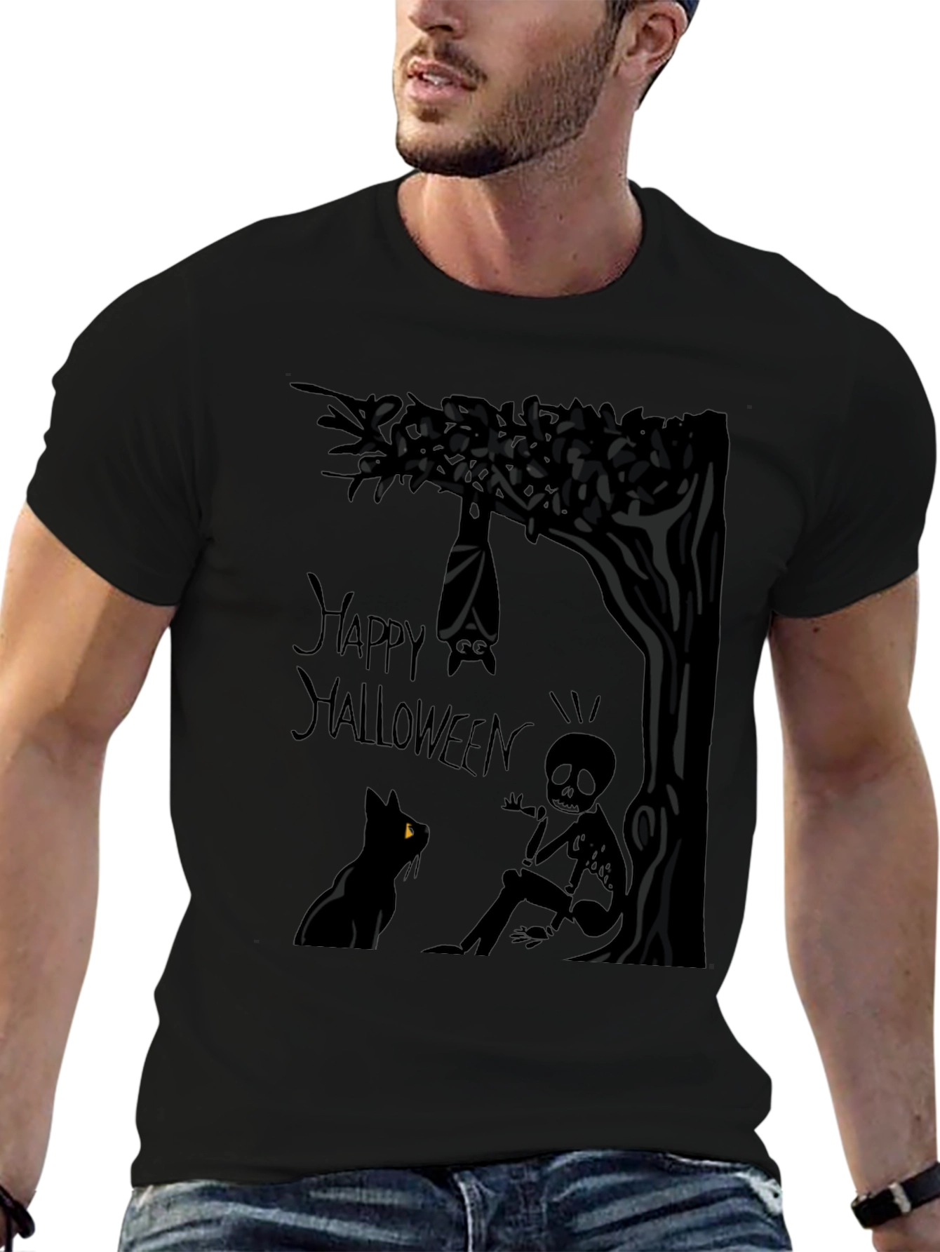 Happy Halloween T-Shirt - Bat Cat and Skeleton