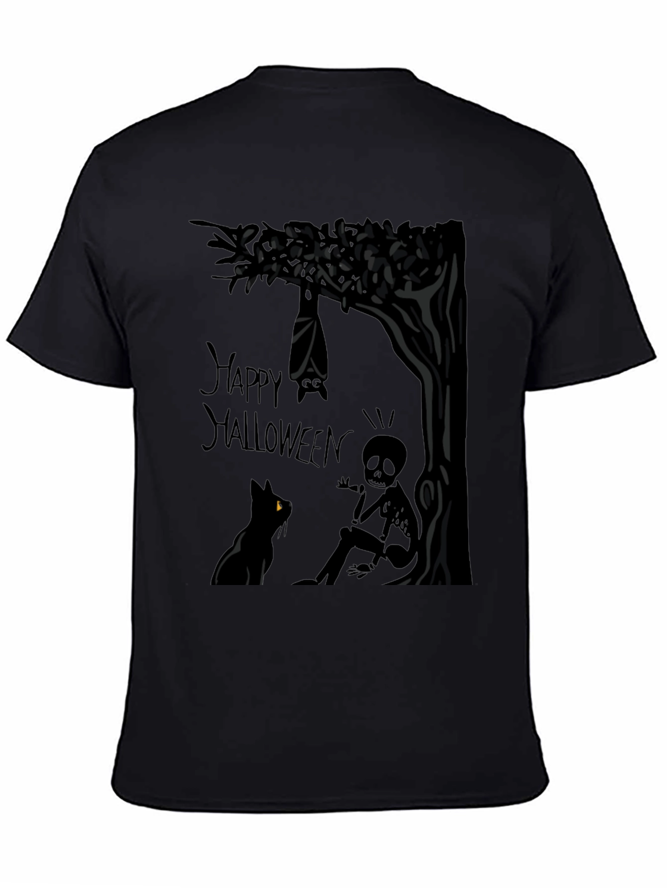 Happy Halloween T-Shirt - Bat Cat and Skeleton