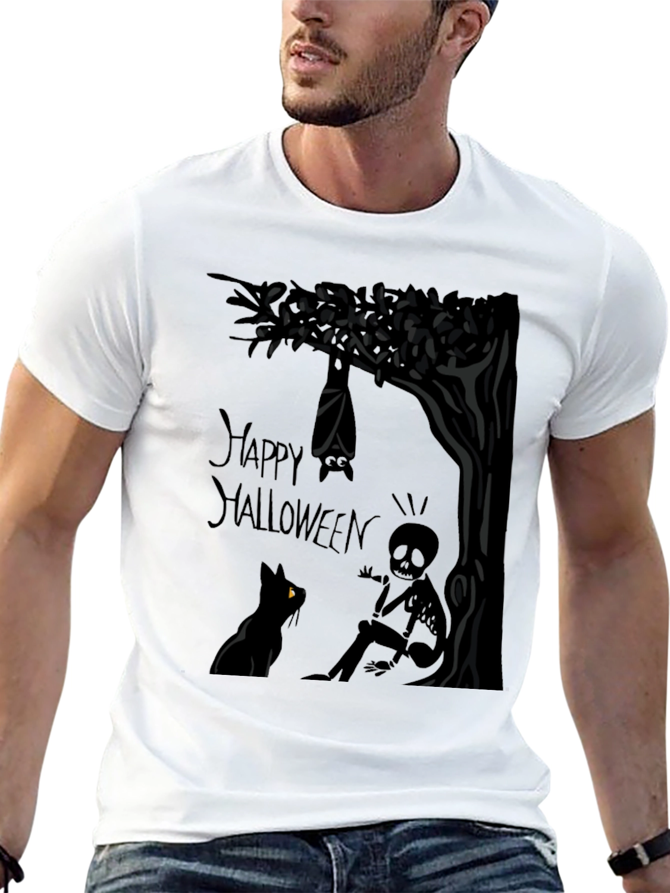 Happy Halloween T-Shirt - Bat Cat and Skeleton
