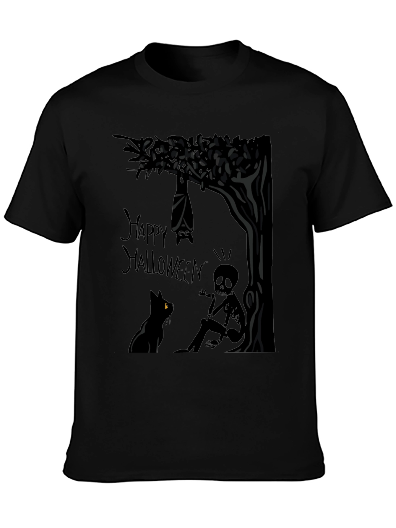 Happy Halloween T-Shirt - Bat Cat and Skeleton