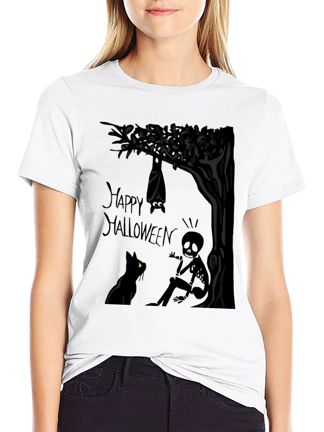 Happy Halloween T-Shirt - Bat Cat and Skeleton