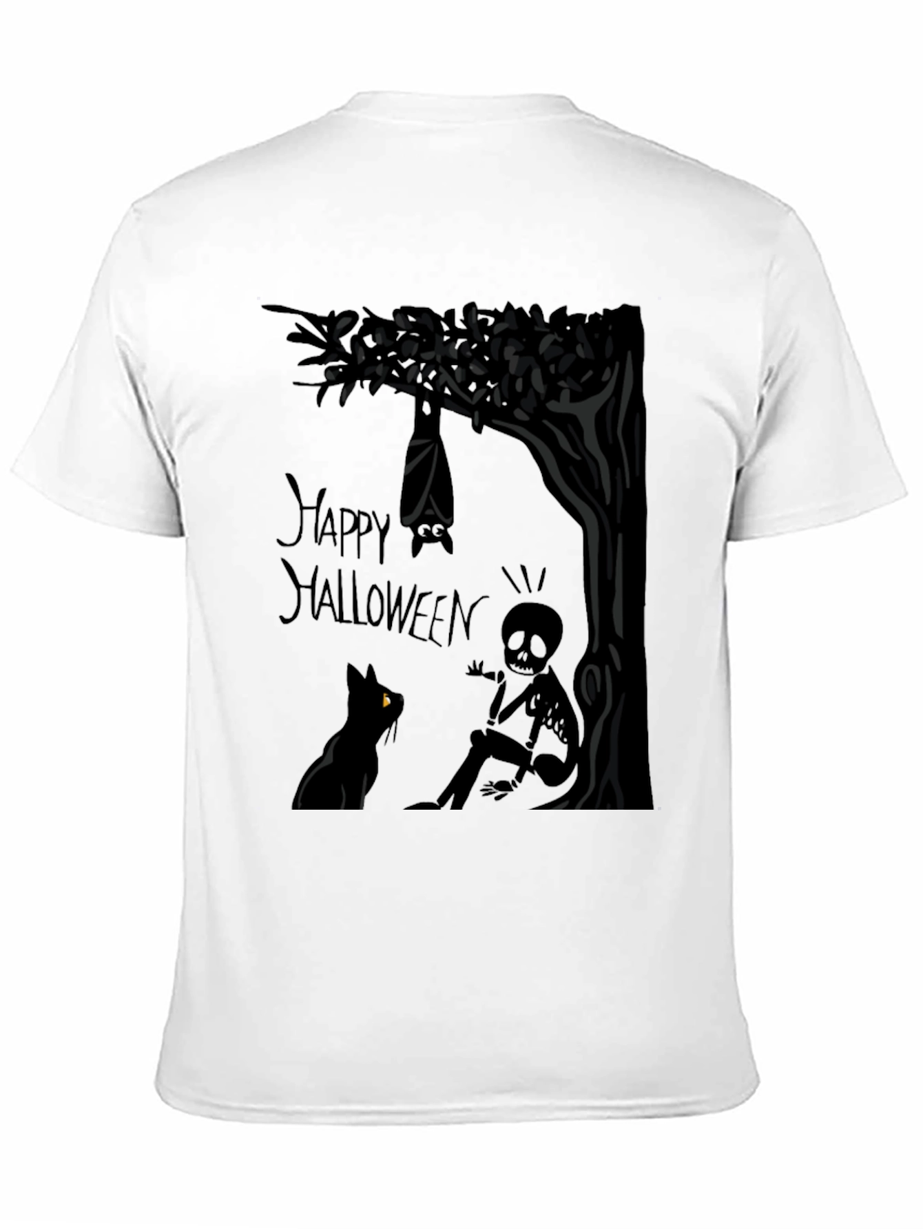 Happy Halloween T-Shirt - Bat Cat and Skeleton