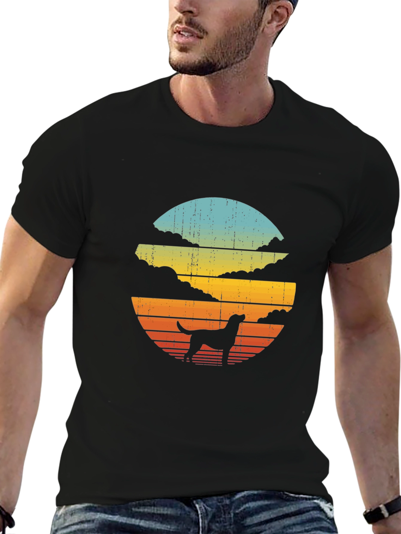 Retro Dog Sunset Graphic Tee - Black