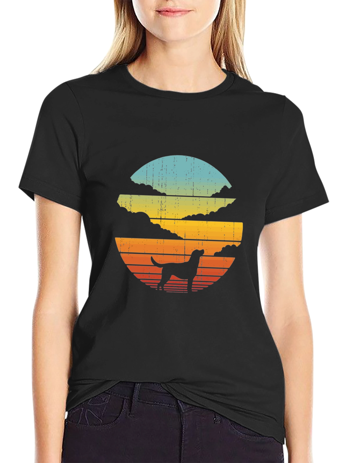Retro Dog Sunset Graphic Tee - Black