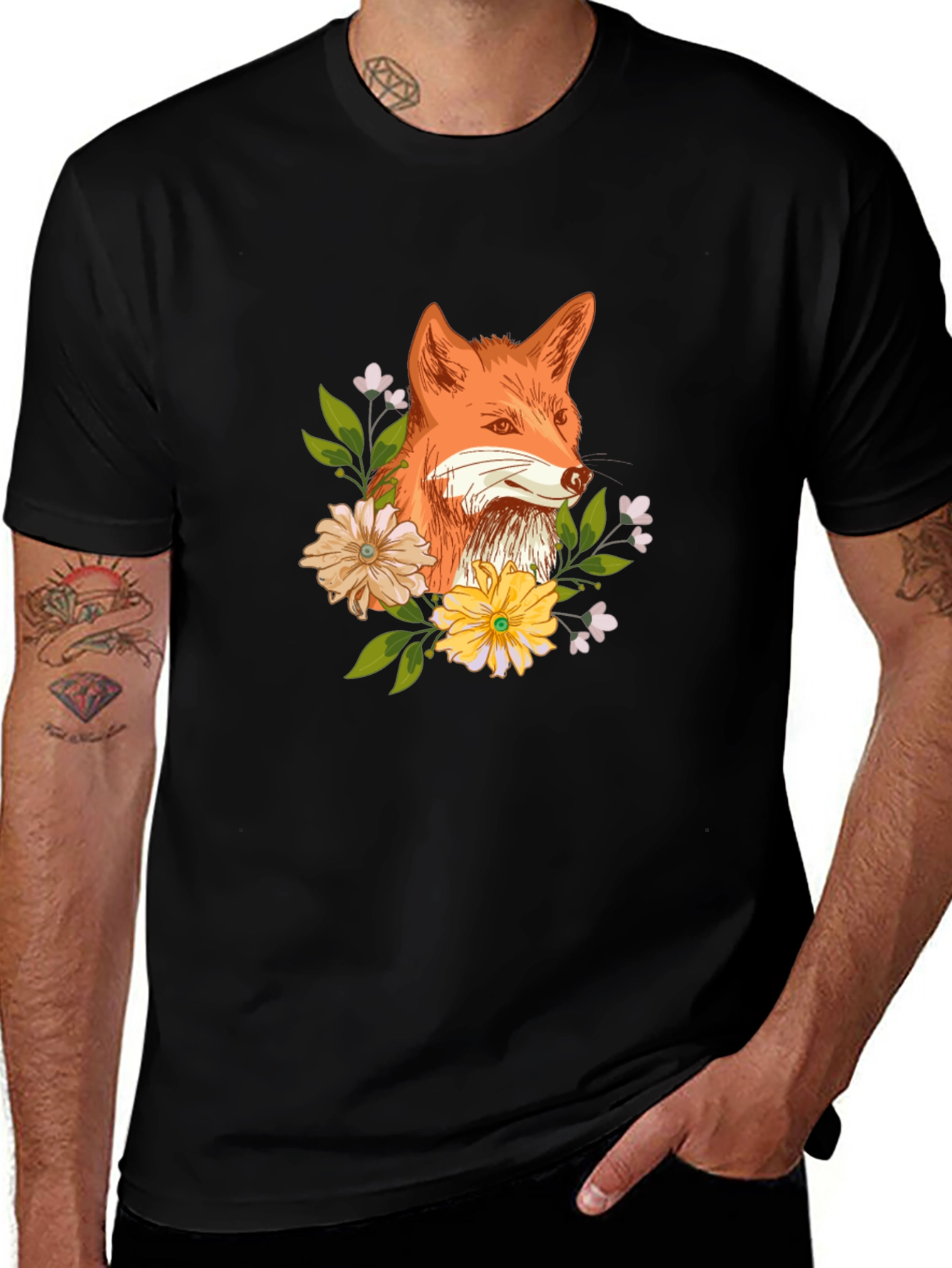 Fox and Floral Design Black T-Shirt