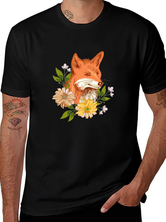 Fox and Floral Design Black T-Shirt