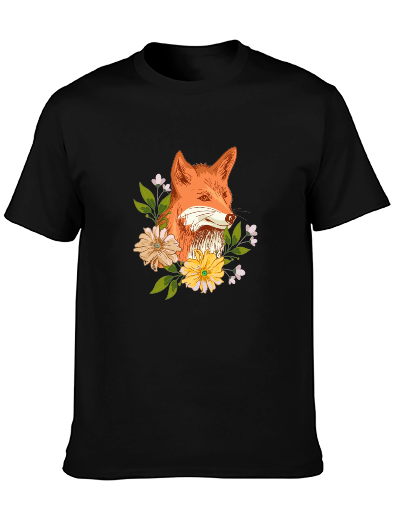Fox and Floral Design Black T-Shirt