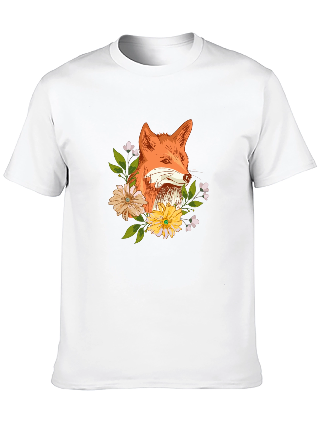 Fox and Floral Design Black T-Shirt