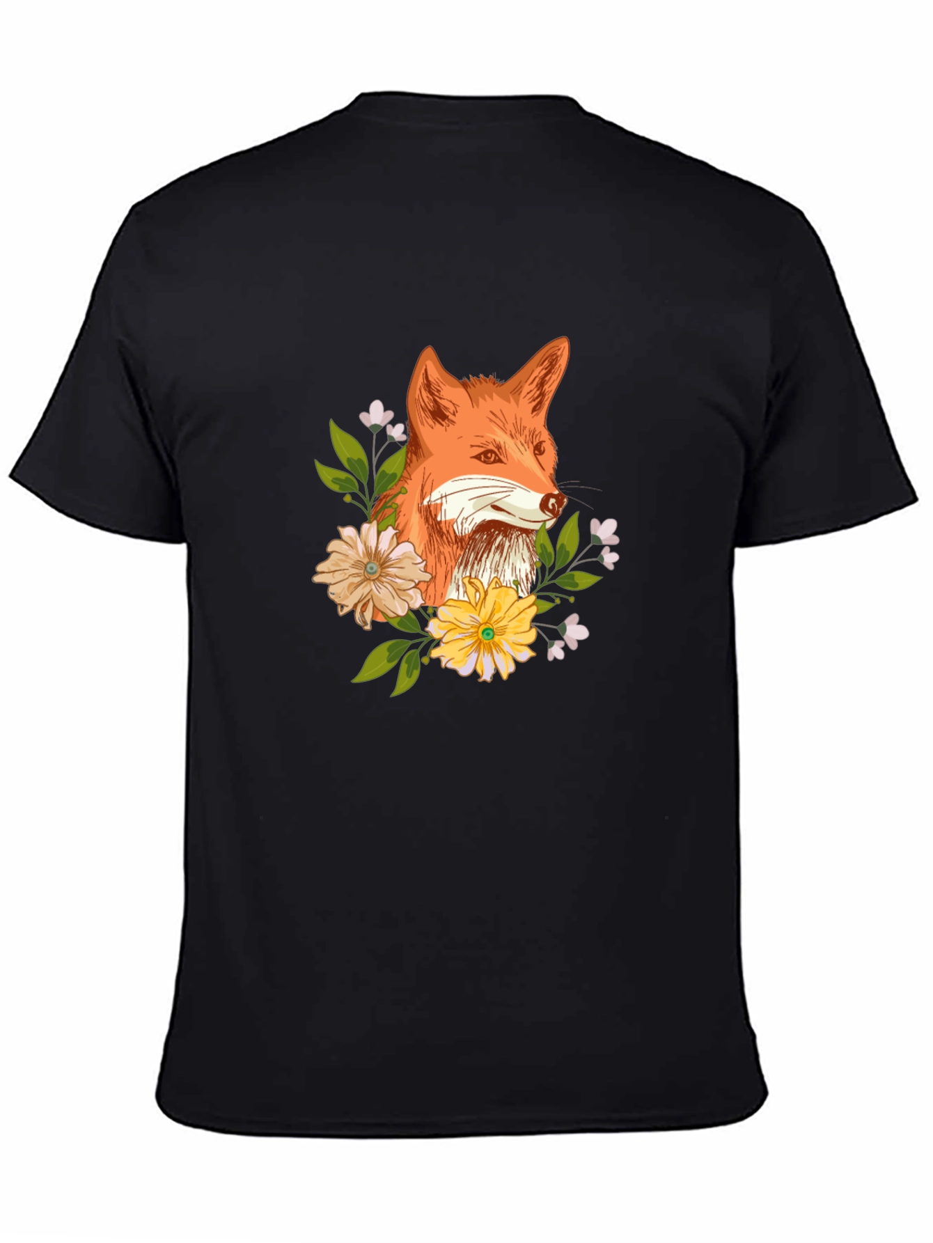 Fox and Floral Design Black T-Shirt