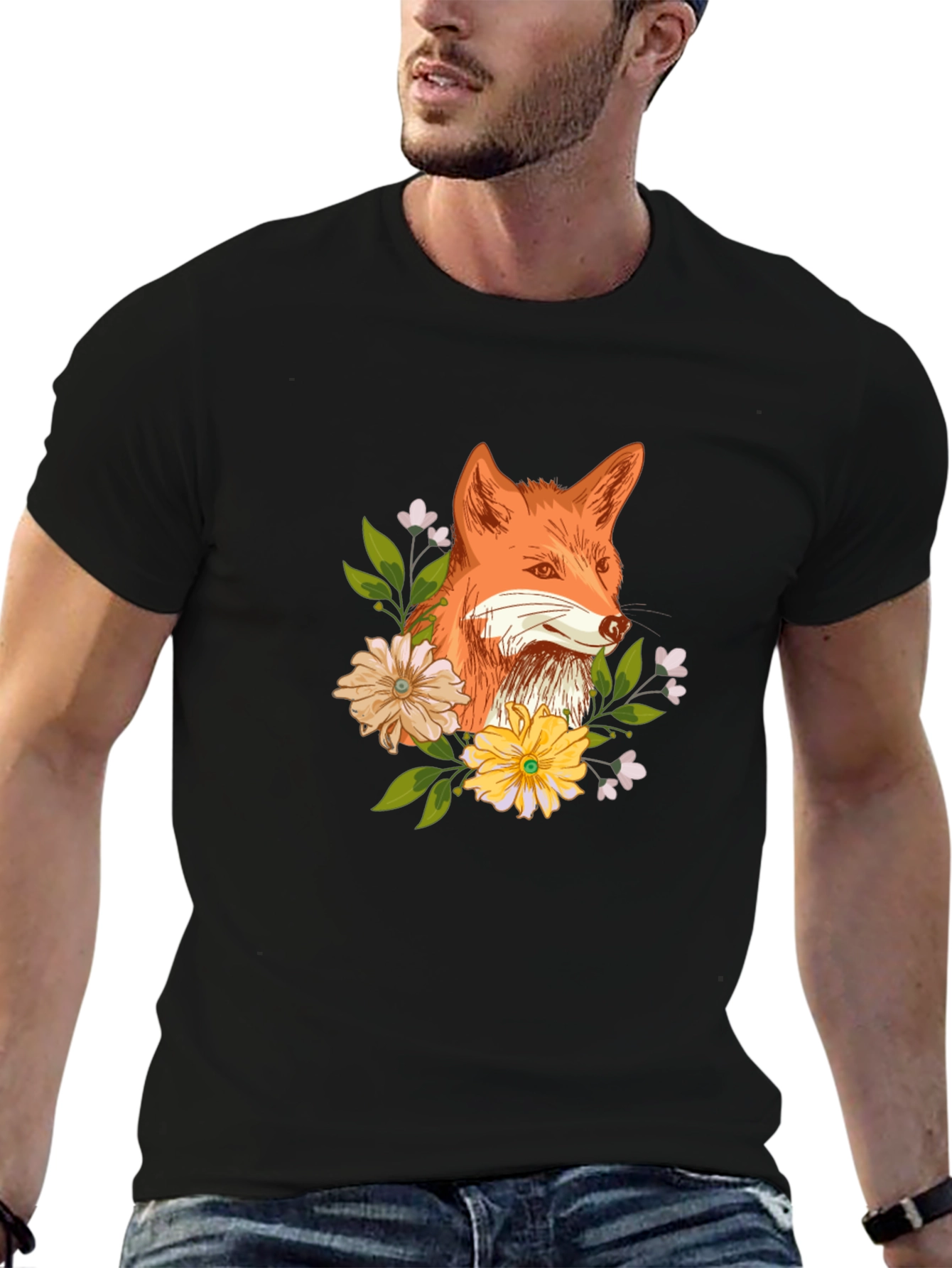 Fox and Floral Design Black T-Shirt