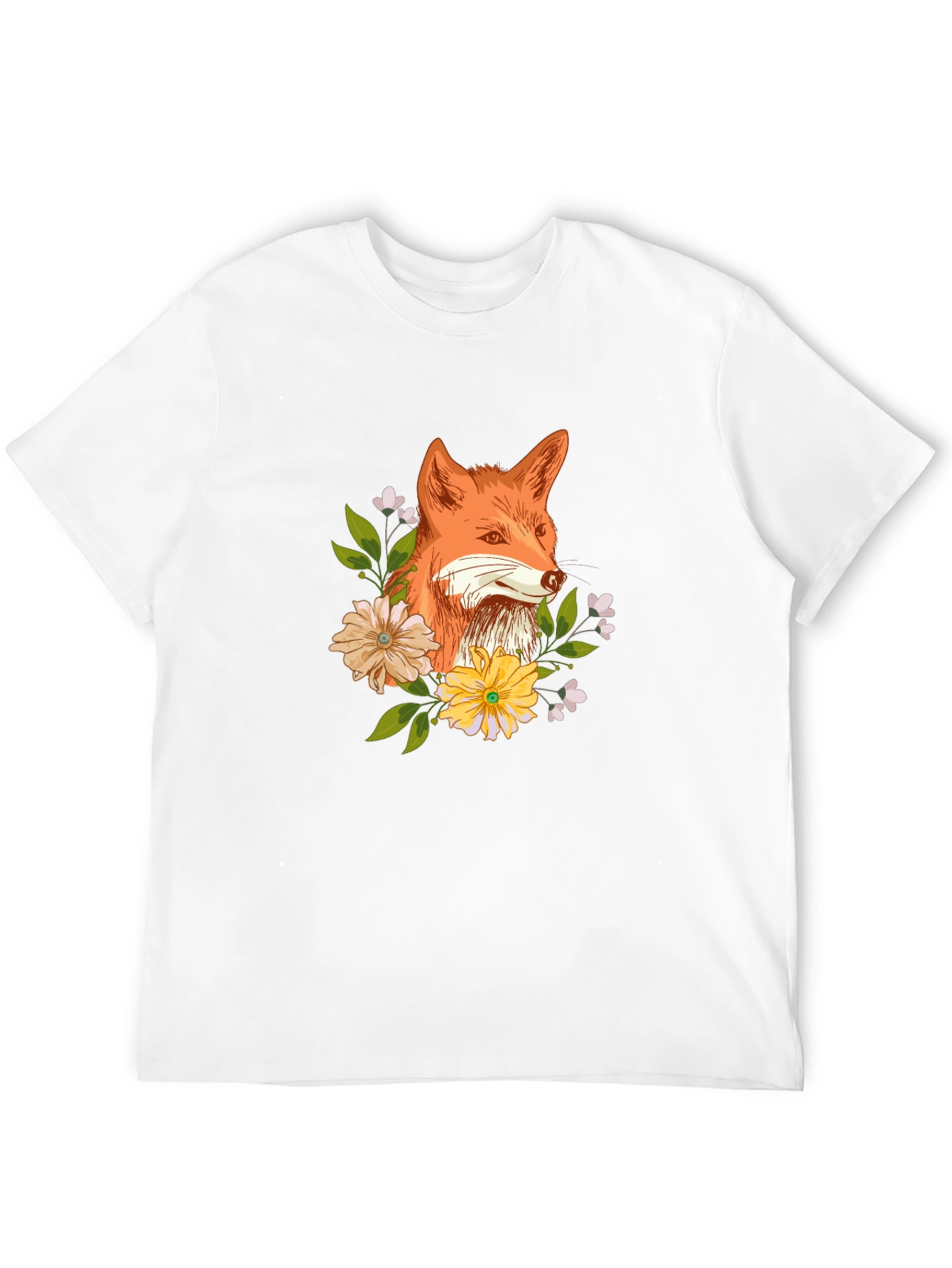 Fox and Floral Design Black T-Shirt