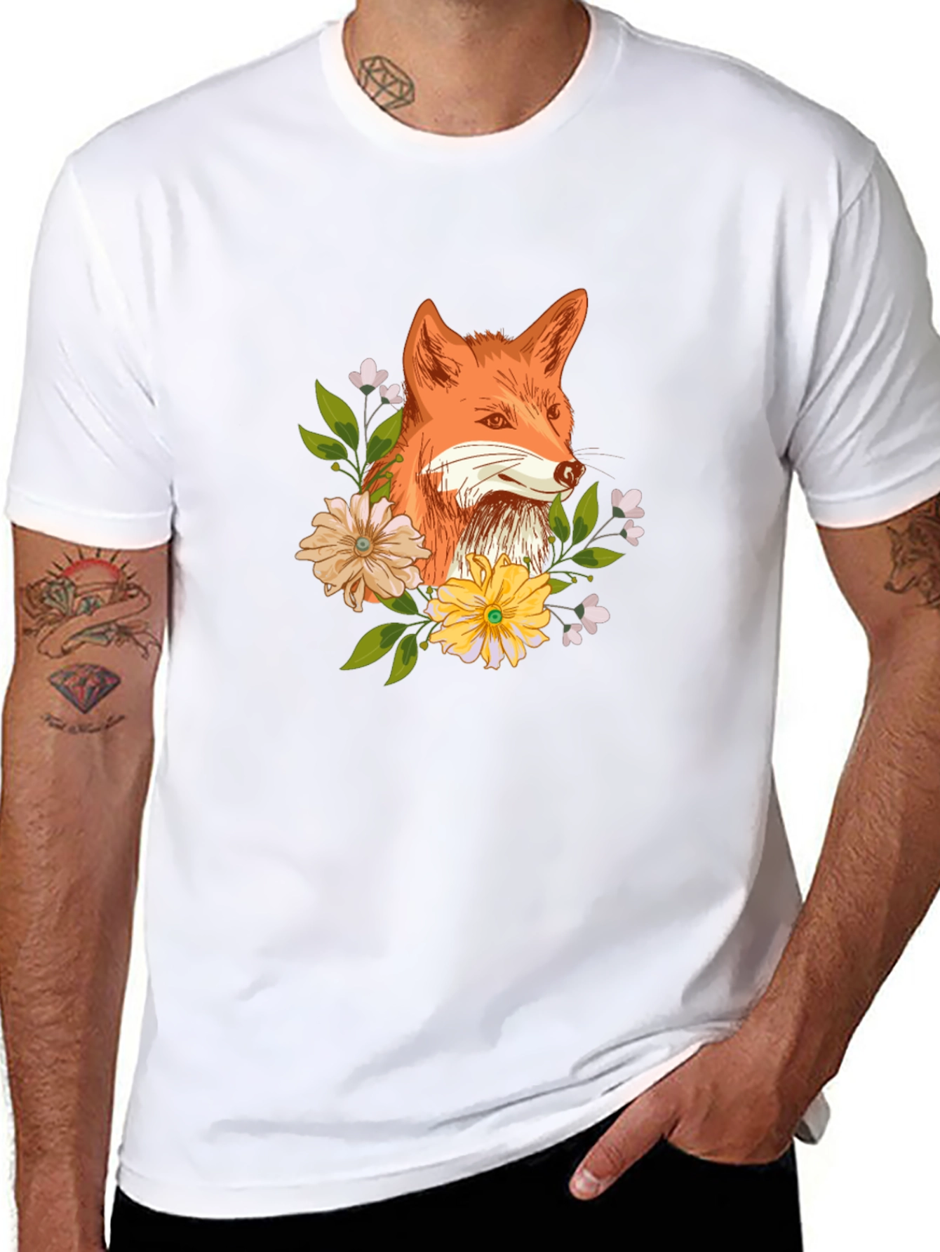 Fox and Floral Design Black T-Shirt