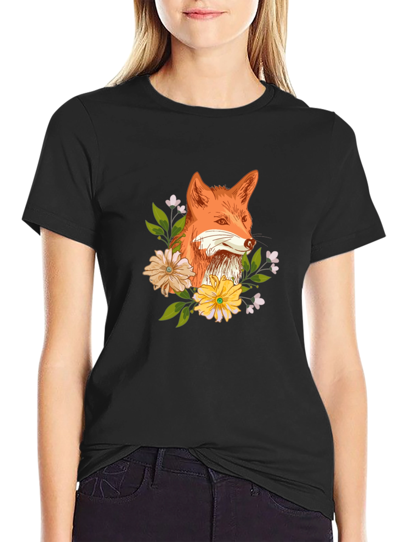 Fox and Floral Design Black T-Shirt
