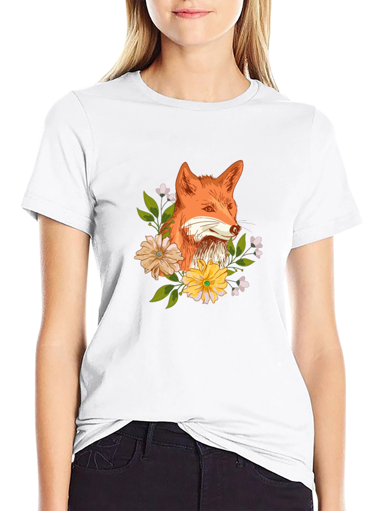 Fox and Floral Design Black T-Shirt