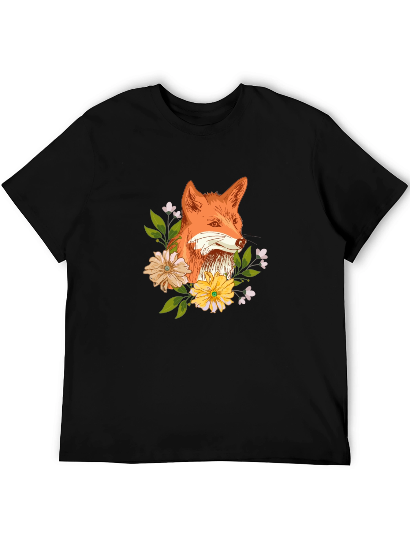 Fox and Floral Design Black T-Shirt
