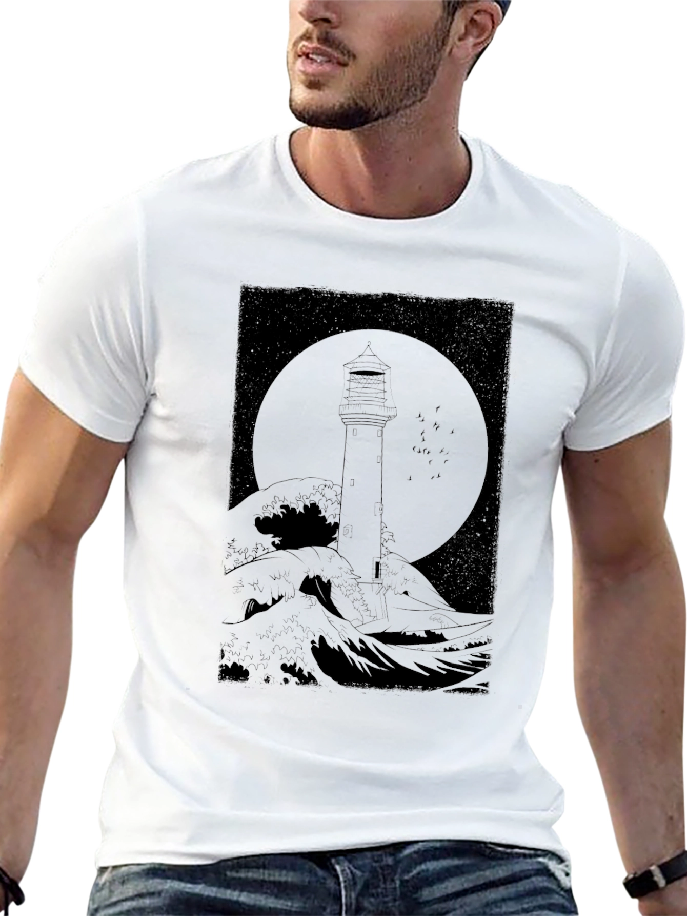 Lighthouse Wave Graphic T-Shirt - Black