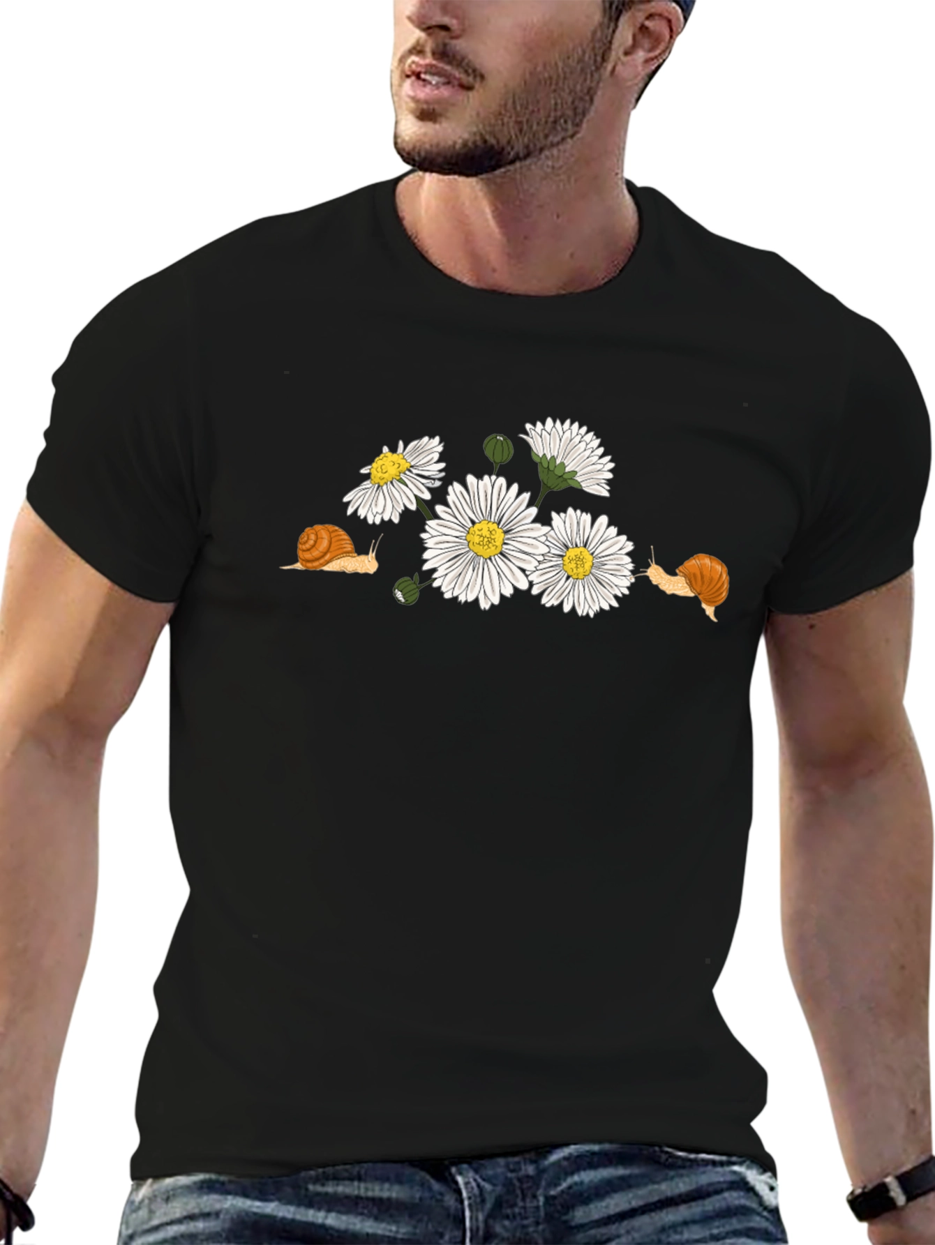Snail and Daisy Print T-Shirt - Black