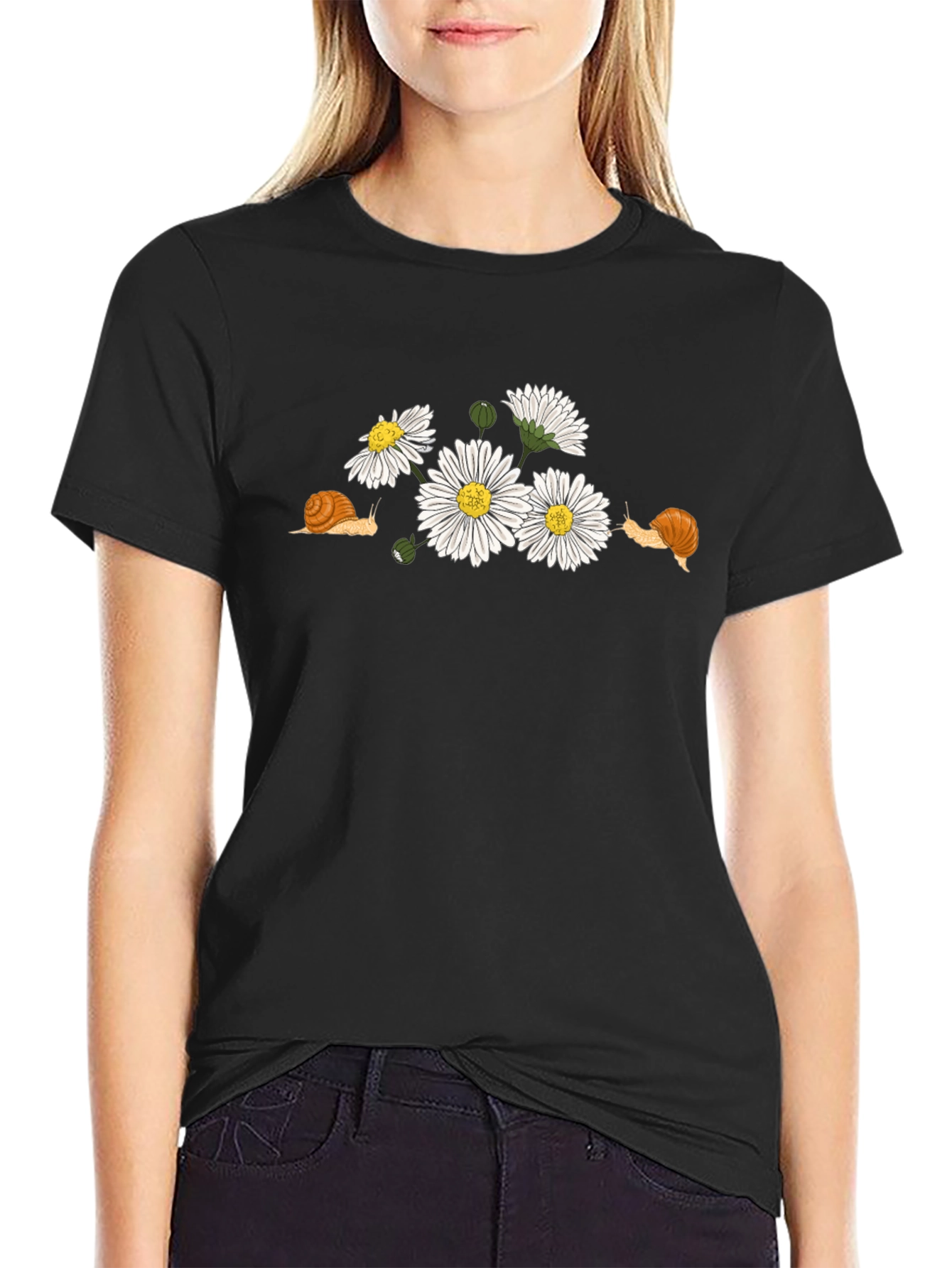 Snail and Daisy Print T-Shirt - Black