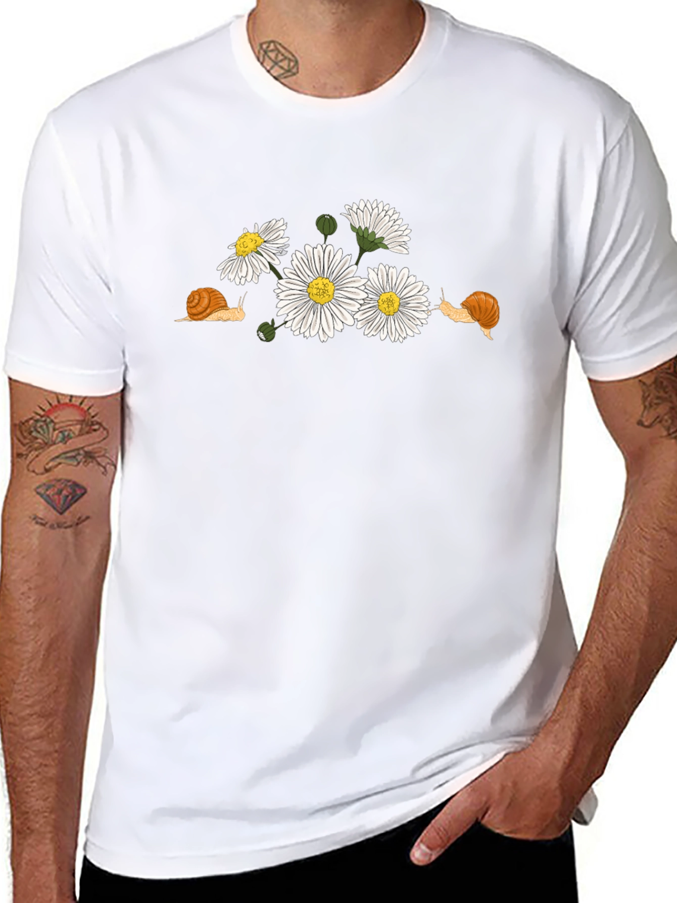 Snail and Daisy Print T-Shirt - Black