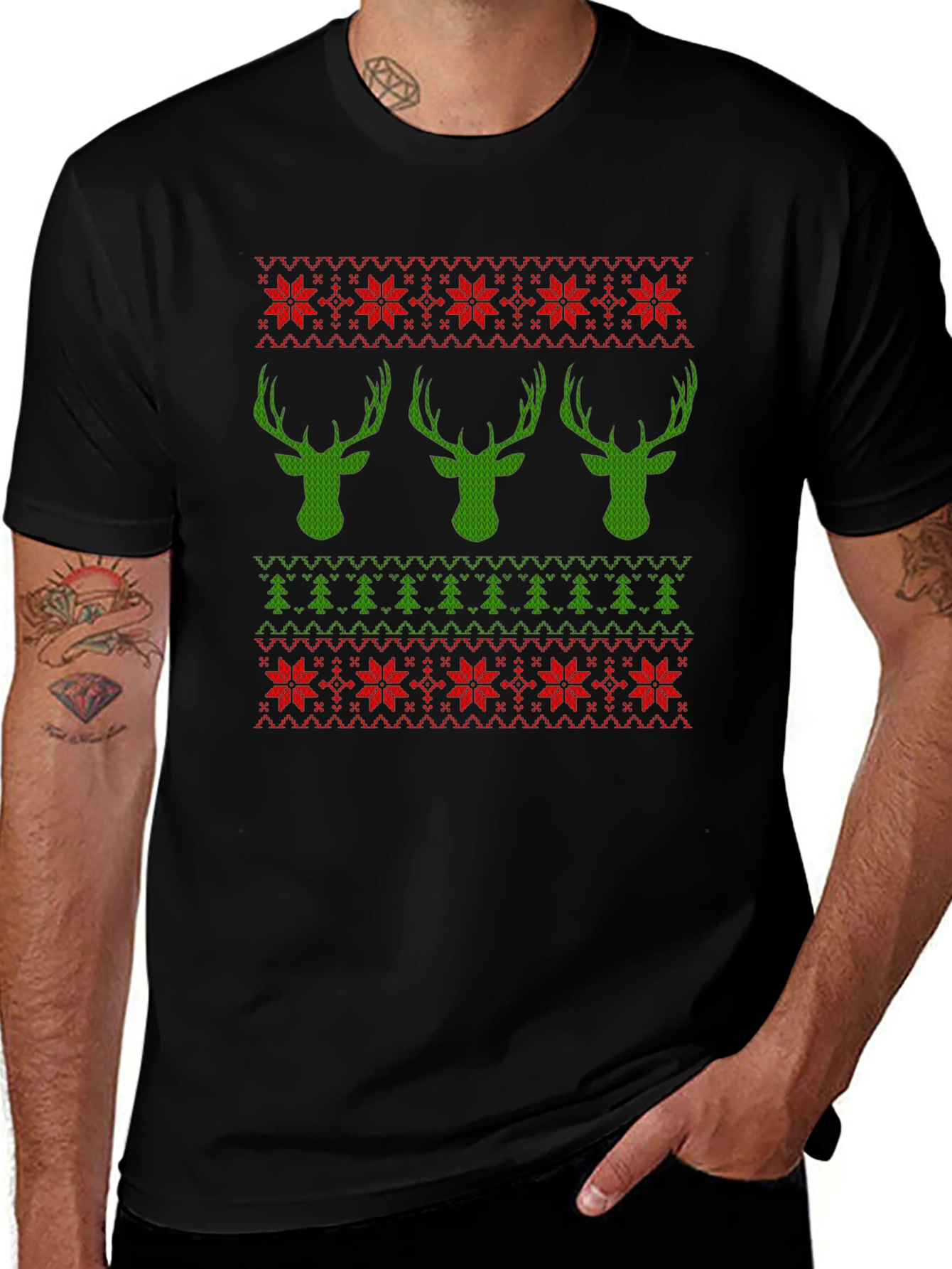 Ugly Christmas Sweater T-Shirt with Deer and Trees