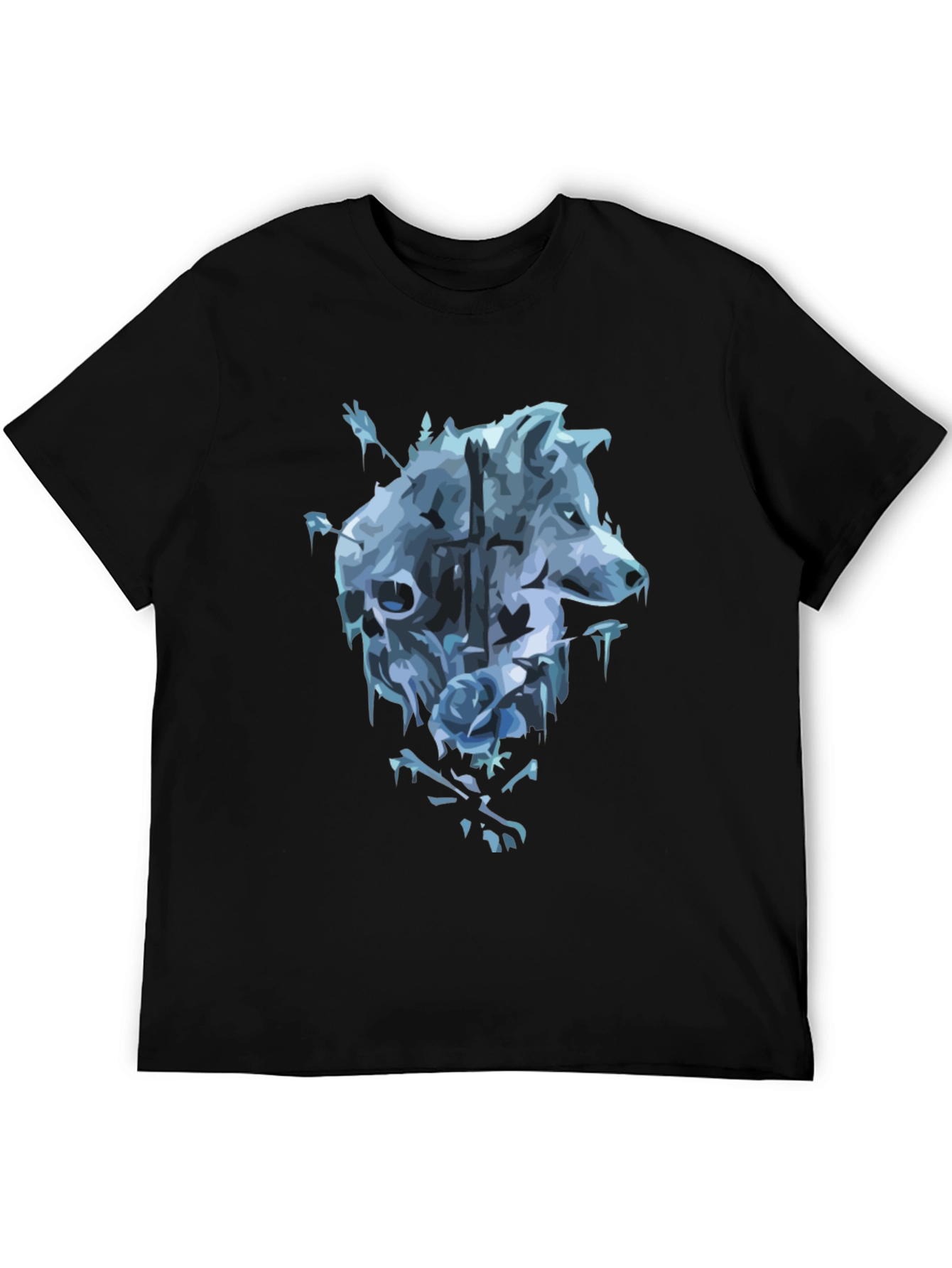 Wolf Skull Rose Graphic T-Shirt - Mens Black Tee