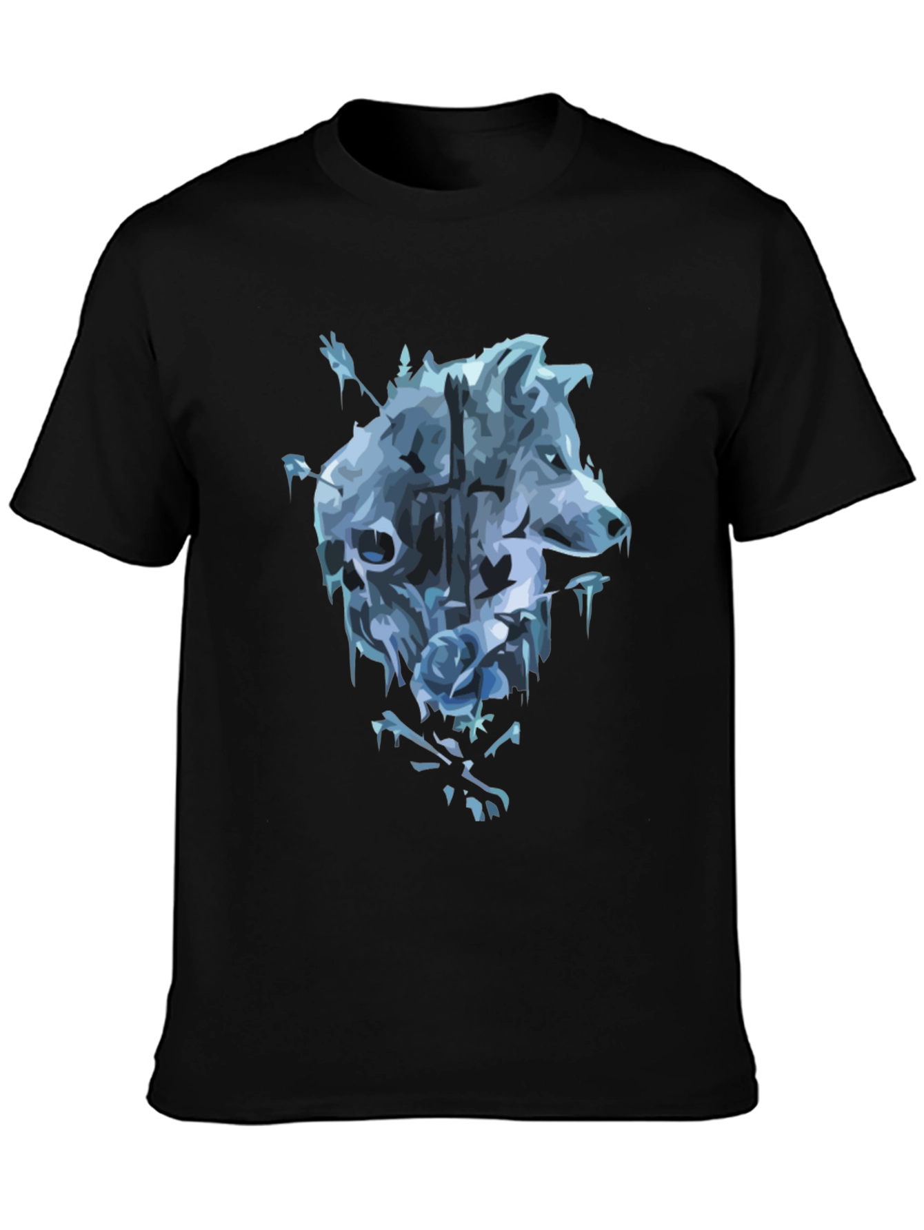 Wolf Skull Rose Graphic T-Shirt - Mens Black Tee