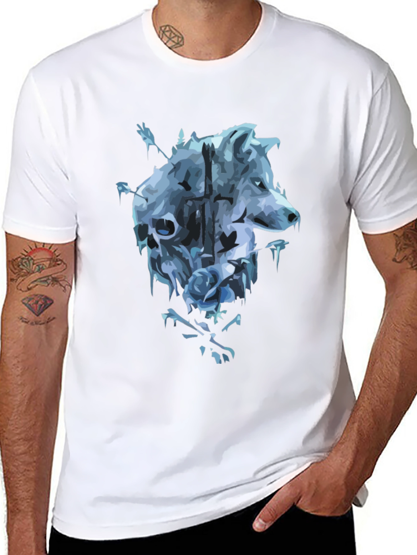 Wolf Skull Rose Graphic T-Shirt - Mens Black Tee