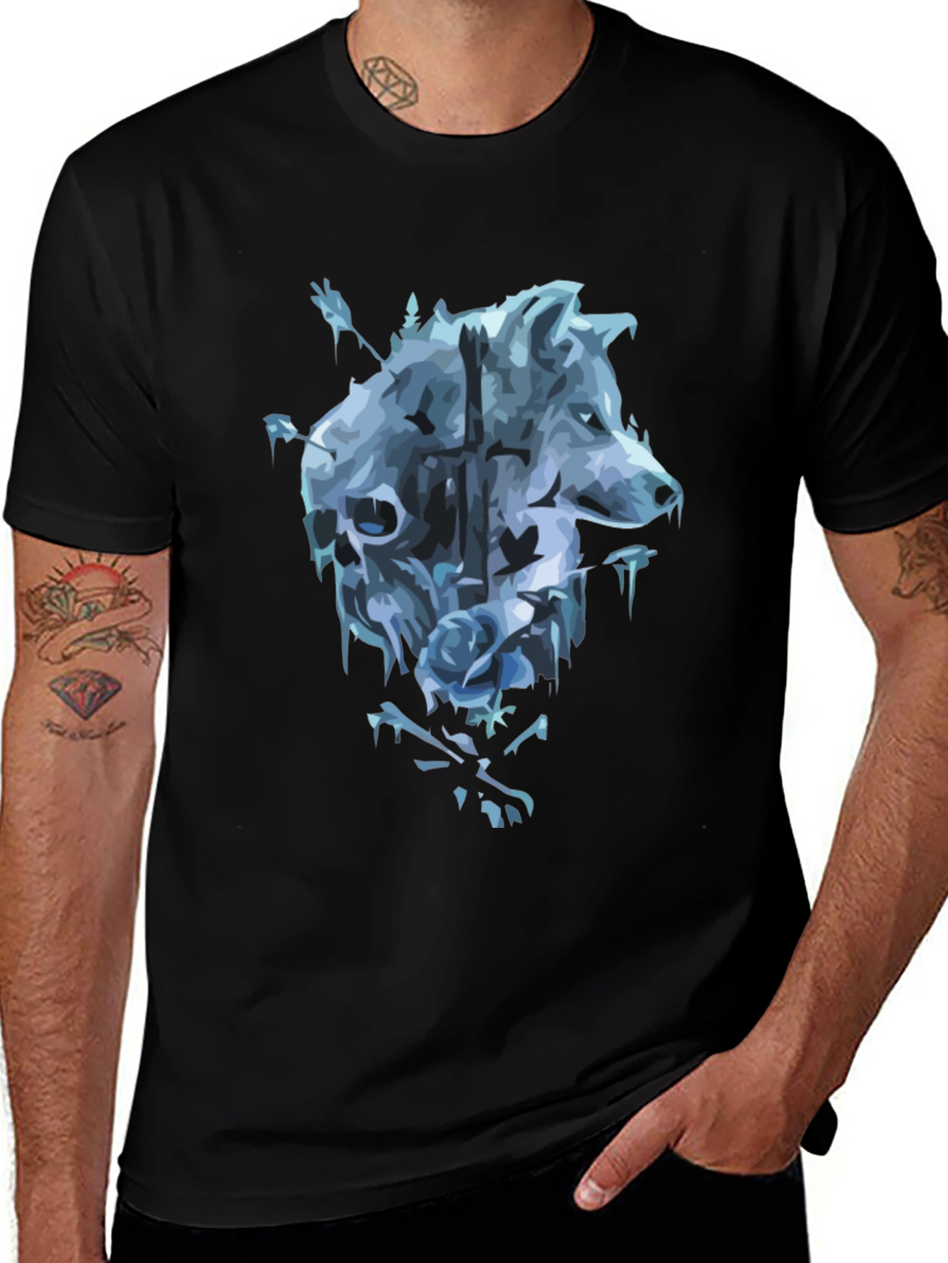 Wolf Skull Rose Graphic T-Shirt - Mens Black Tee