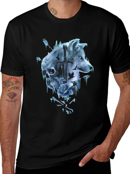 Wolf Skull Rose Graphic T-Shirt - Mens Black Tee