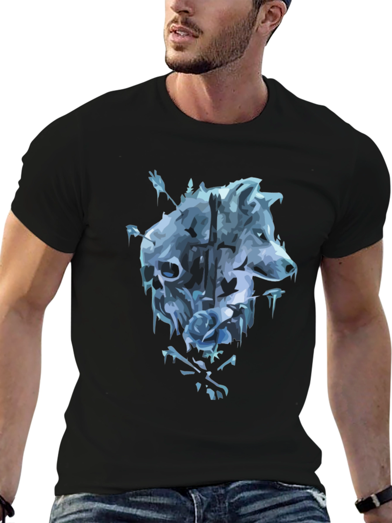 Wolf Skull Rose Graphic T-Shirt - Mens Black Tee