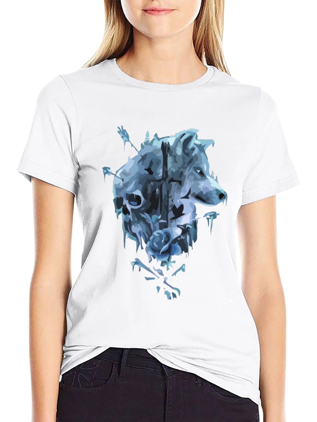 Wolf Skull Rose Graphic T-Shirt - Mens Black Tee