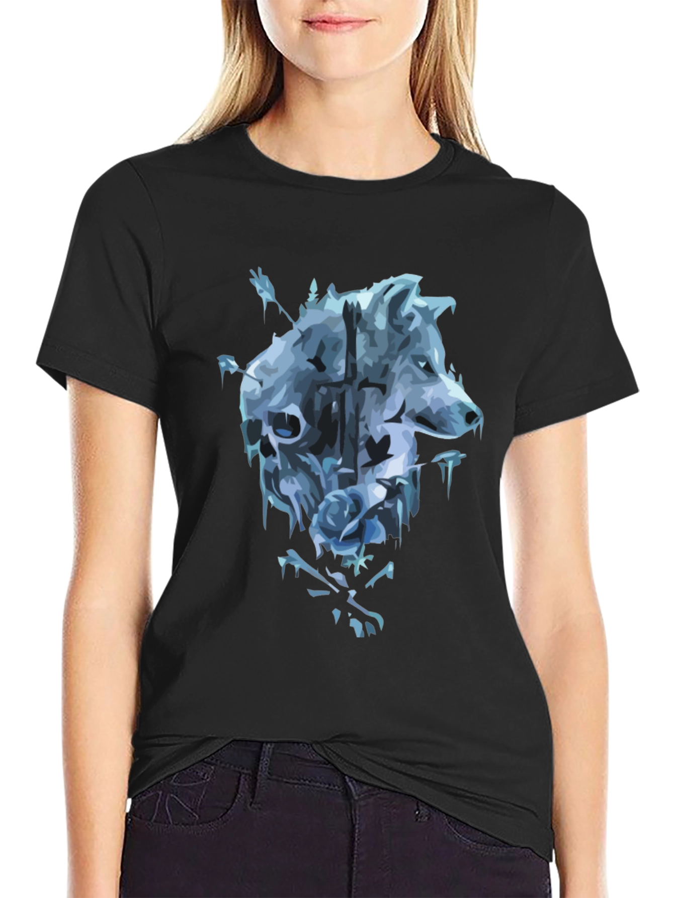 Wolf Skull Rose Graphic T-Shirt - Mens Black Tee