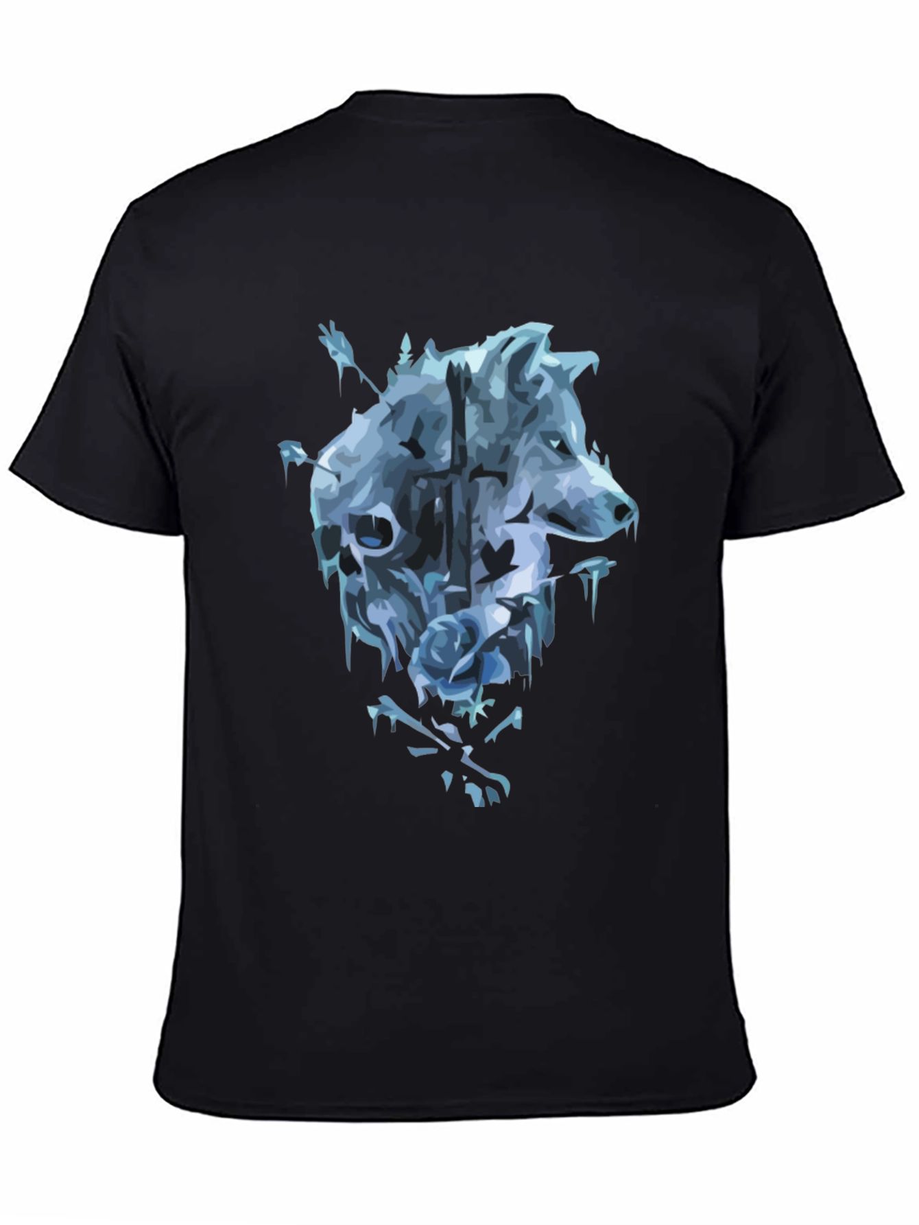 Wolf Skull Rose Graphic T-Shirt - Mens Black Tee