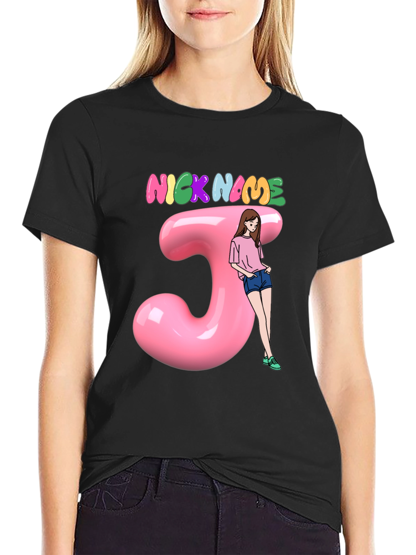 Customizable Nickname J Letter Pink T-Shirt
