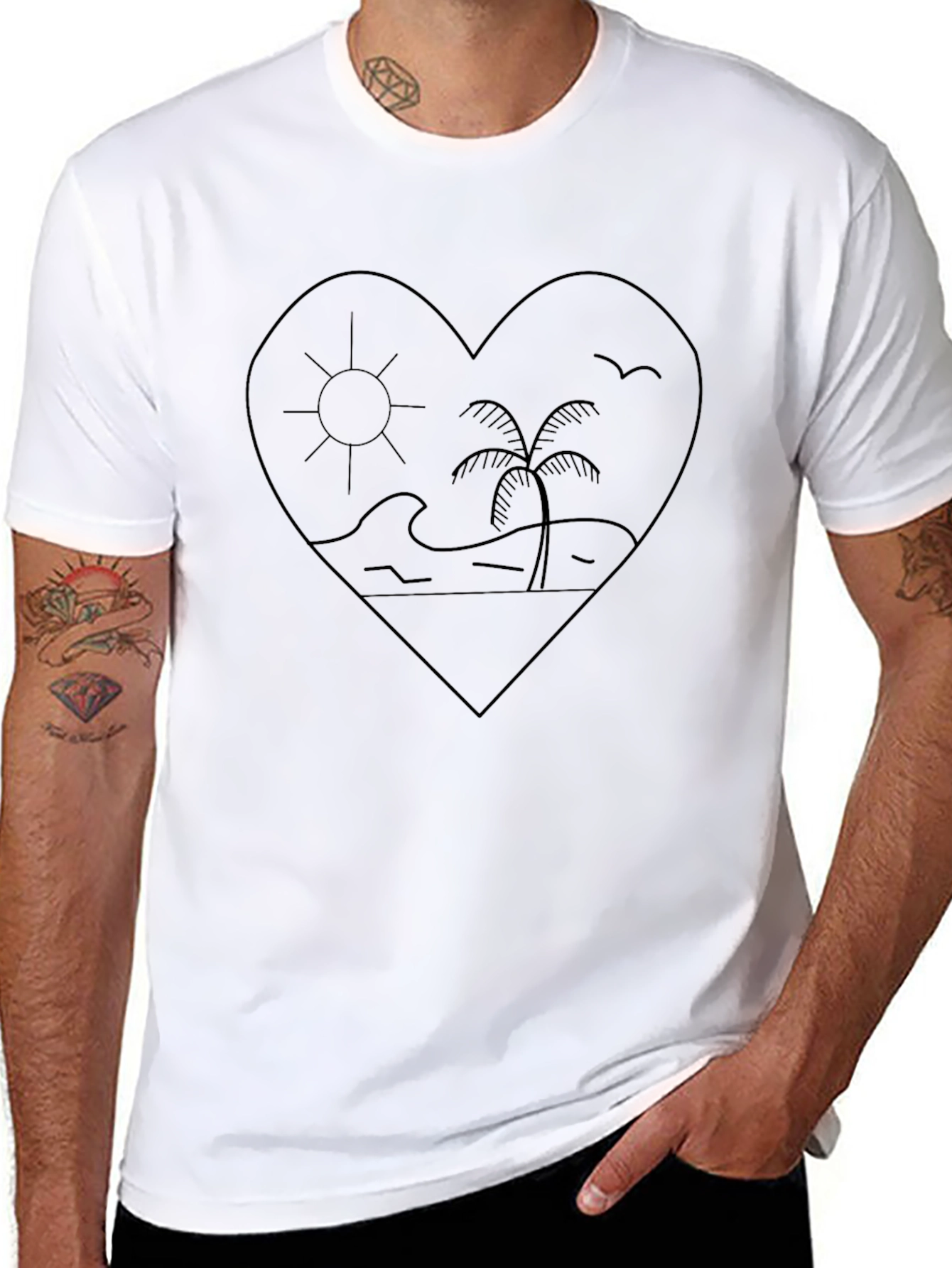 Heart Beach Graphic Tee - Black Cotton Casual Top