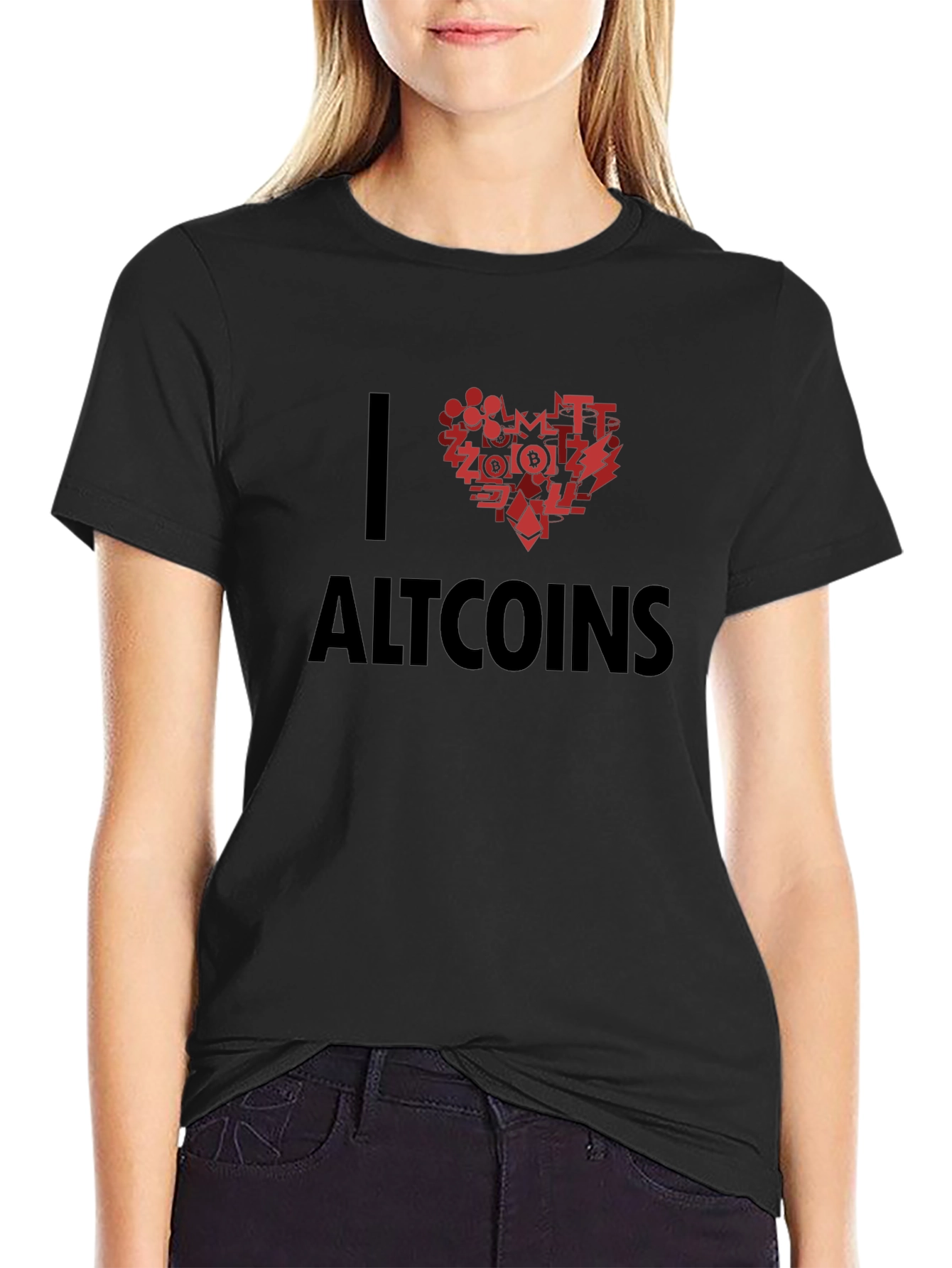 I Love Altcoins Black T-Shirt Crypto Heart Design