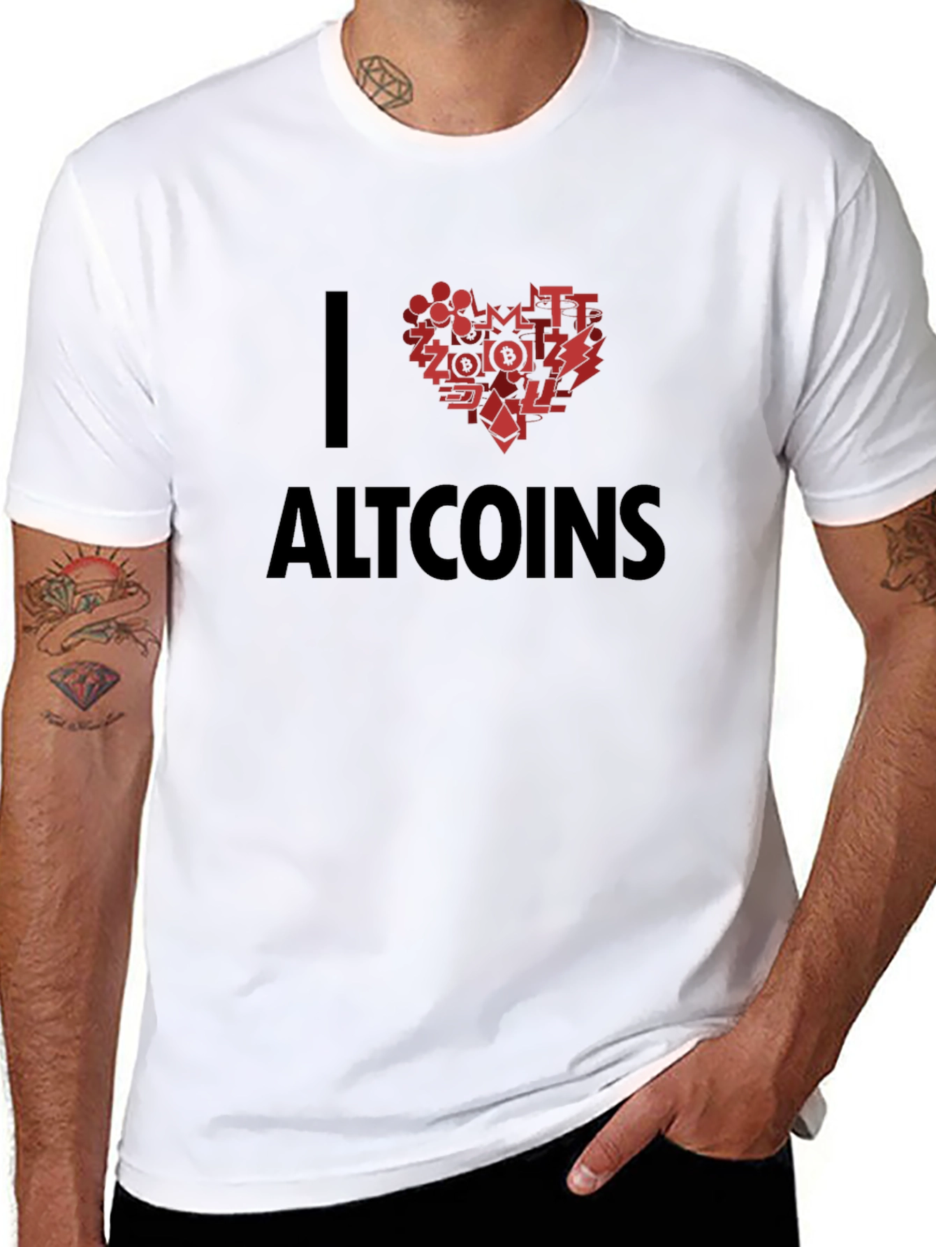 I Love Altcoins Black T-Shirt Crypto Heart Design