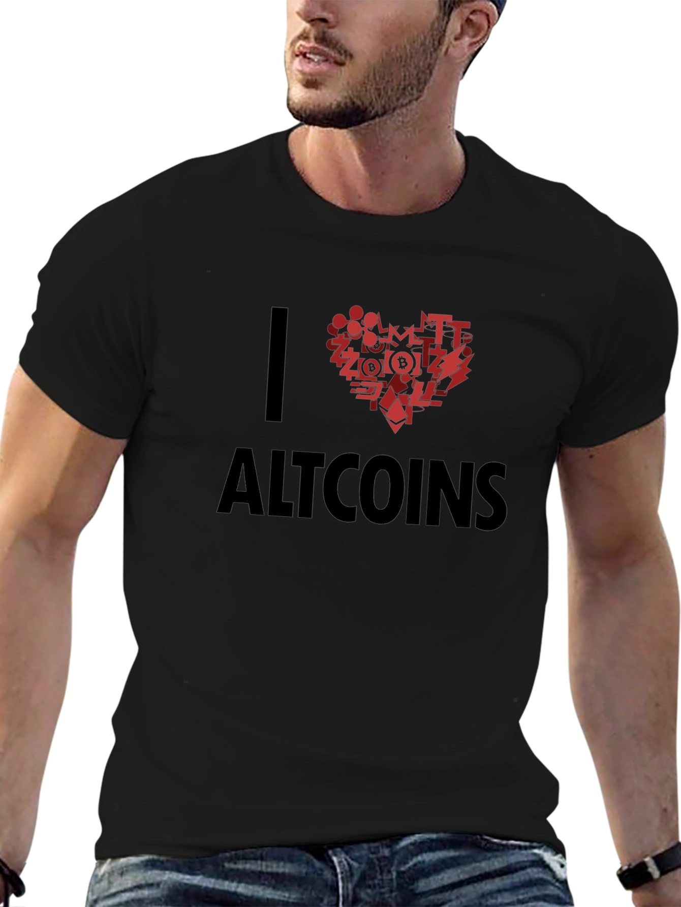 I Love Altcoins Black T-Shirt Crypto Heart Design