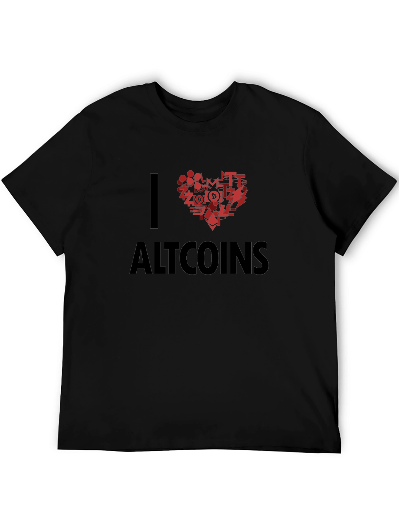 I Love Altcoins Black T-Shirt Crypto Heart Design