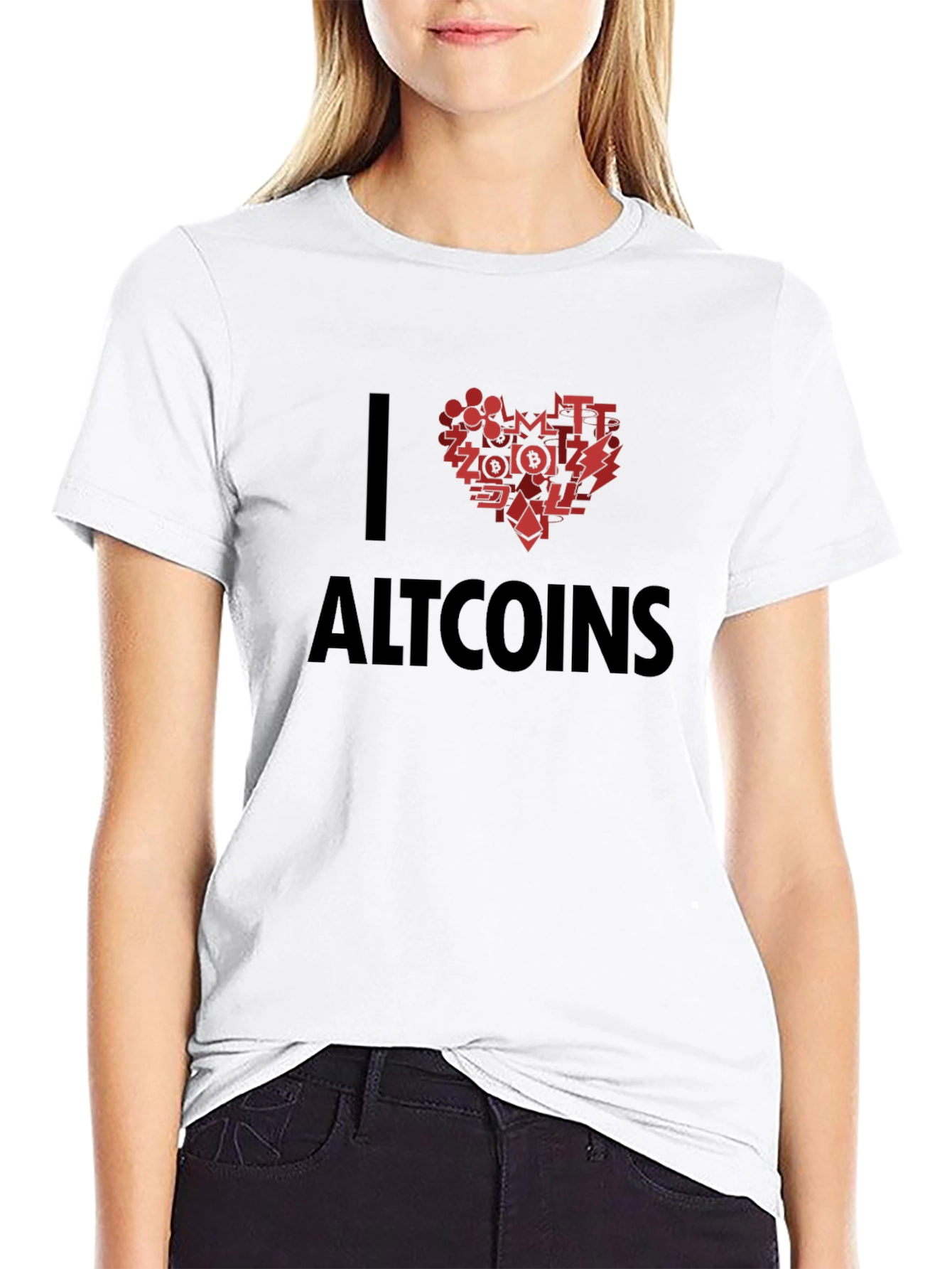 I Love Altcoins Black T-Shirt Crypto Heart Design