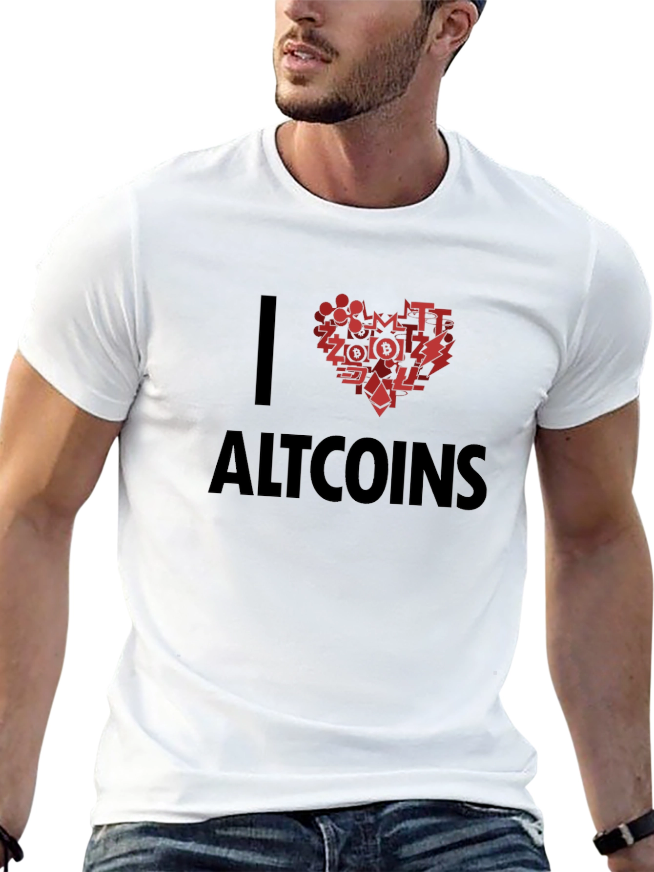 I Love Altcoins Black T-Shirt Crypto Heart Design